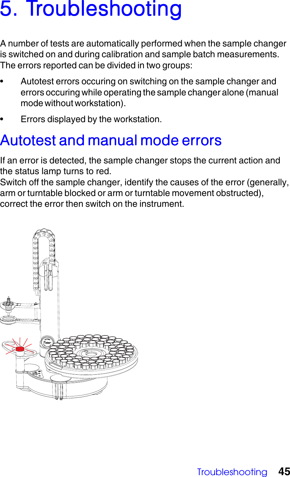 Troubleshooting 455. T5. T5. T5. T5. TrrrrroubleshootingoubleshootingoubleshootingoubleshootingoubleshootingA number of tests are automatically performed when the sample changeris switched on and during calibration and sample batch measurements.The errors reported can be divided in two groups:&bull; Autotest errors occuring on switching on the sample changer anderrors occuring while operating the sample changer alone (manualmode without workstation).&bull; Errors displayed by the workstation.Autotest and manual mode errorsAutotest and manual mode errorsAutotest and manual mode errorsAutotest and manual mode errorsAutotest and manual mode errorsIf an error is detected, the sample changer stops the current action andthe status lamp turns to red.Switch off the sample changer, identify the causes of the error (generally,arm or turntable blocked or arm or turntable movement obstructed),correct the error then switch on the instrument.