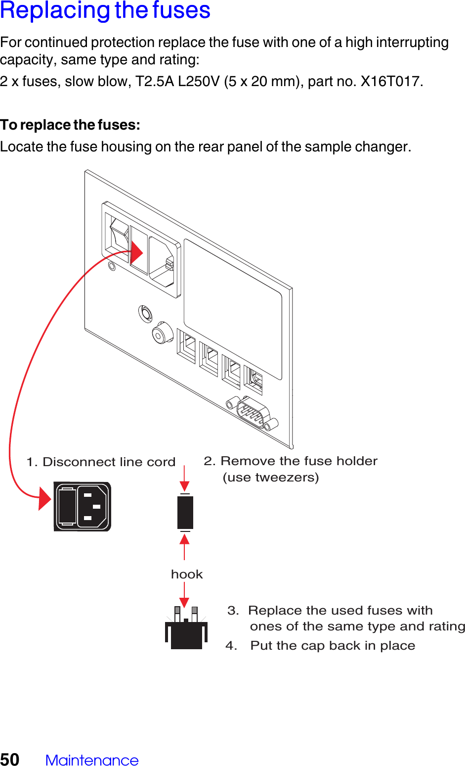 50 MaintenanceReplacing the fusesReplacing the fusesReplacing the fusesReplacing the fusesReplacing the fusesFor continued protection replace the fuse with one of a high interruptingcapacity, same type and rating:2 x fuses, slow blow, T2.5A L250V (5 x 20 mm), part no. X16T017.To replace the fuses:Locate the fuse housing on the rear panel of the sample changer.hook3.  Replace the used fuses with    ones of the same type and rating4.   Put the cap back in place1. Disconnect line cord 2. Remove the fuse holder   (use tweezers)