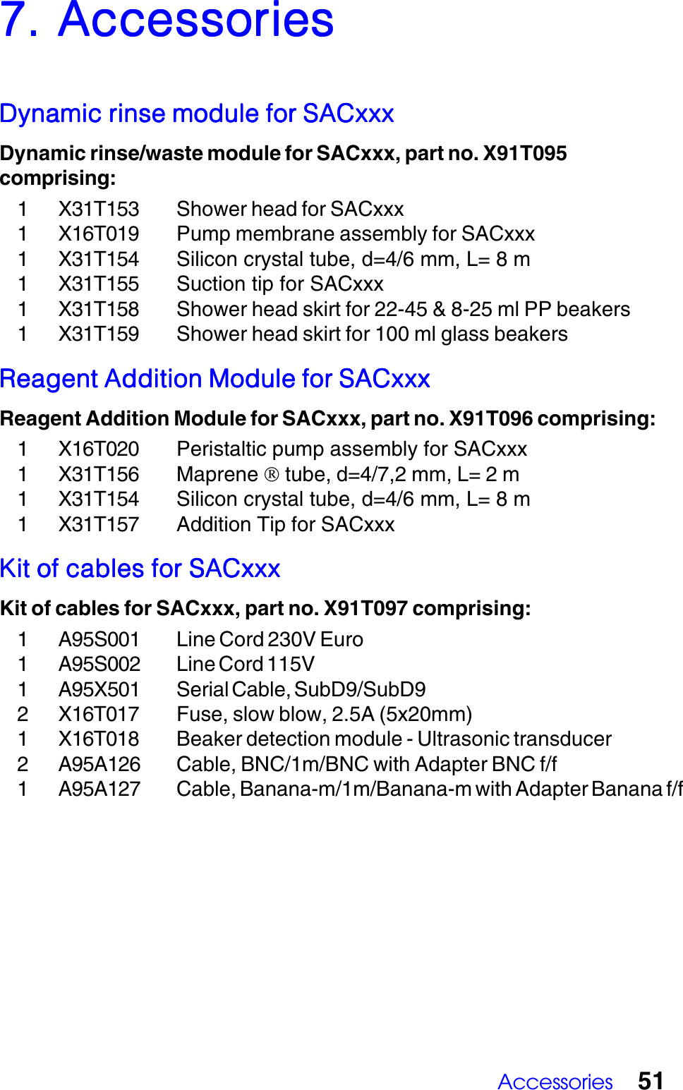 Accessories 517. Accessories7. Accessories7. Accessories7. Accessories7. AccessoriesDynamic rinse module for SACxxxDynamic rinse module for SACxxxDynamic rinse module for SACxxxDynamic rinse module for SACxxxDynamic rinse module for SACxxxDynamic rinse/waste module for SACxxx, part no. X91T095comprising:1 X31T153 Shower head for SACxxx1 X16T019 Pump membrane assembly for SACxxx1 X31T154 Silicon crystal tube, d=4/6 mm, L= 8 m1 X31T155 Suction tip for SACxxx1 X31T158 Shower head skirt for 22-45 &amp; 8-25 ml PP beakers1 X31T159 Shower head skirt for 100 ml glass beakersReagent Addition Module for SACxxxReagent Addition Module for SACxxxReagent Addition Module for SACxxxReagent Addition Module for SACxxxReagent Addition Module for SACxxxReagent Addition Module for SACxxx, part no. X91T096 comprising:1 X16T020 Peristaltic pump assembly for SACxxx1 X31T156 Maprene  tube, d=4/7,2 mm, L= 2 m1 X31T154 Silicon crystal tube, d=4/6 mm, L= 8 m1 X31T157 Addition Tip for SACxxxKit of cables for SACxxxKit of cables for SACxxxKit of cables for SACxxxKit of cables for SACxxxKit of cables for SACxxxKit of cables for SACxxx, part no. X91T097 comprising:1 A95S001 Line Cord 230V Euro1 A95S002 Line Cord 115V1 A95X501 Serial Cable, SubD9/SubD92 X16T017 Fuse, slow blow, 2.5A (5x20mm)1 X16T018 Beaker detection module - Ultrasonic transducer2 A95A126 Cable, BNC/1m/BNC with Adapter BNC f/f1 A95A127 Cable, Banana-m/1m/Banana-m with Adapter Banana f/f