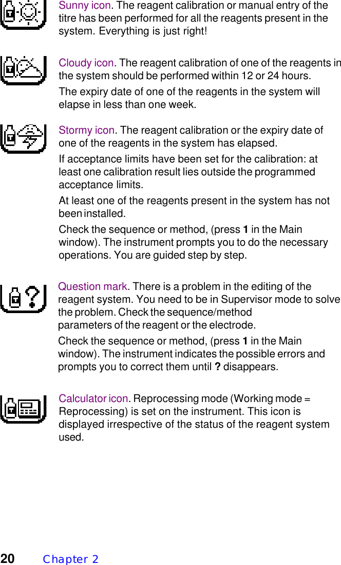 20 Chapter  2Sunny icon. The reagent calibration or manual entry of thetitre has been performed for all the reagents present in thesystem. Everything is just right!Cloudy icon. The reagent calibration of one of the reagents inthe system should be performed within 12 or 24 hours.The expiry date of one of the reagents in the system willelapse in less than one week.Stormy icon. The reagent calibration or the expiry date ofone of the reagents in the system has elapsed.If acceptance limits have been set for the calibration: atleast one calibration result lies outside the programmedacceptance limits.At least one of the reagents present in the system has notbeen installed.Check the sequence or method, (press 1 in the Mainwindow). The instrument prompts you to do the necessaryoperations. You are guided step by step.Question mark. There is a problem in the editing of thereagent system. You need to be in Supervisor mode to solvethe problem. Check the sequence/methodparameters of the reagent or the electrode.Check the sequence or method, (press 1 in the Mainwindow). The instrument indicates the possible errors andprompts you to correct them until ? disappears.Calculator icon. Reprocessing mode (Working mode =Reprocessing) is set on the instrument. This icon isdisplayed irrespective of the status of the reagent systemused.