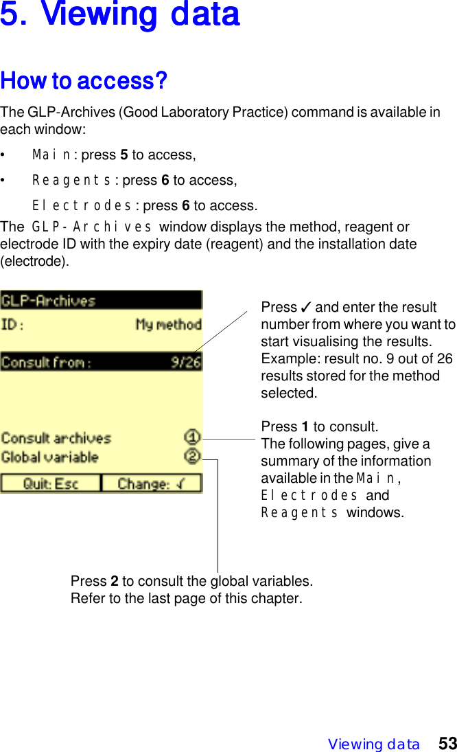 Viewing data 535. V5. V5. V5. V5. Viewing dataiewing dataiewing dataiewing dataiewing dataHow to access?How to access?How to access?How to access?How to access?The GLP-Archives (Good Laboratory Practice) command is available ineach window:&bull;Main: press 5 to access,&bull;Reagents: press 6 to access,Electrodes: press 6 to access.The  GLP-Archives window displays the method, reagent orelectrode ID with the expiry date (reagent) and the installation date(electrode).Press ✓ and enter the resultnumber from where you want tostart visualising the results.Example: result no. 9 out of 26results stored for the methodselected.Press 1 to consult.The following pages, give asummary of the informationavailable in the Main,Electrodes andReagents windows.Press 2 to consult the global variables.Refer to the last page of this chapter.