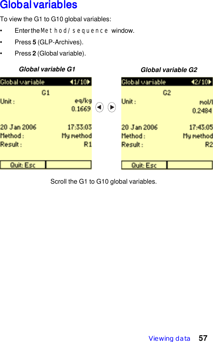 Viewing data 57Scroll the G1 to G10 global variables.Global variable G1 Global variable G2Global variablesGlobal variablesGlobal variablesGlobal variablesGlobal variablesTo view the G1 to G10 global variables:&bull; Enter the Method/sequence window.&bull; Press 5 (GLP-Archives).&bull; Press 2 (Global variable).