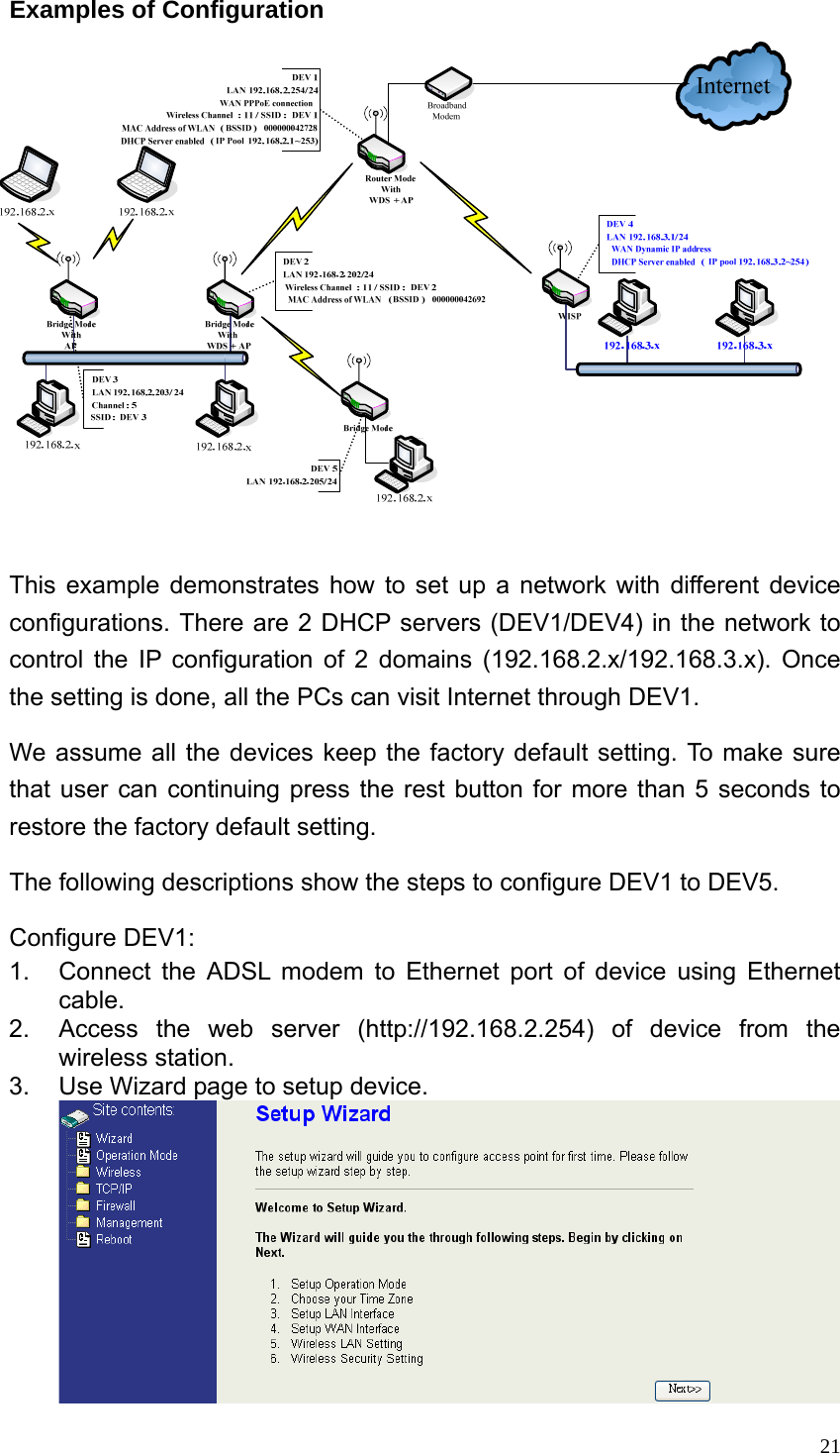  21Examples of Configuration  This example demonstrates how to set up a network with different device configurations. There are 2 DHCP servers (DEV1/DEV4) in the network to control the IP configuration of 2 domains (192.168.2.x/192.168.3.x). Once the setting is done, all the PCs can visit Internet through DEV1. We assume all the devices keep the factory default setting. To make sure that user can continuing press the rest button for more than 5 seconds to restore the factory default setting. The following descriptions show the steps to configure DEV1 to DEV5. Configure DEV1: 1.  Connect the ADSL modem to Ethernet port of device using Ethernet cable. 2.  Access the web server (http://192.168.2.254) of device from the wireless station. 3.  Use Wizard page to setup device.  