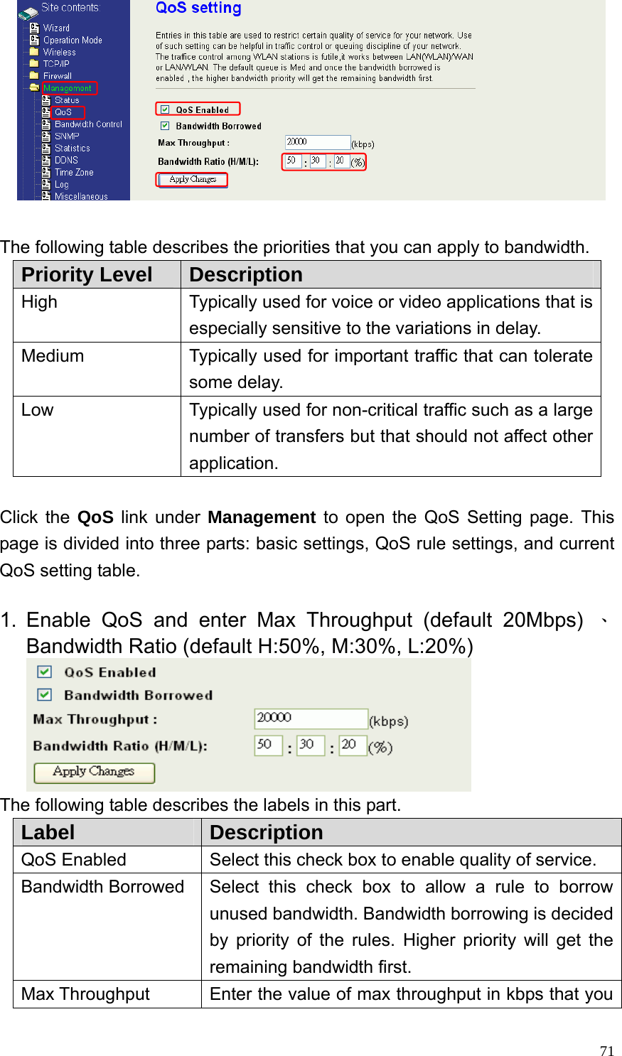  71  The following table describes the priorities that you can apply to bandwidth. Priority Level  Description High  Typically used for voice or video applications that is especially sensitive to the variations in delay. Medium  Typically used for important traffic that can tolerate some delay. Low  Typically used for non-critical traffic such as a large number of transfers but that should not affect other application.  Click the QoS link under Management to open the QoS Setting page. This page is divided into three parts: basic settings, QoS rule settings, and current QoS setting table.  1. Enable QoS and enter Max Throughput (default 20Mbps) 、Bandwidth Ratio (default H:50%, M:30%, L:20%)  The following table describes the labels in this part. Label  Description QoS Enabled  Select this check box to enable quality of service. Bandwidth Borrowed  Select this check box to allow a rule to borrow unused bandwidth. Bandwidth borrowing is decided by priority of the rules. Higher priority will get the remaining bandwidth first. Max Throughput  Enter the value of max throughput in kbps that you 