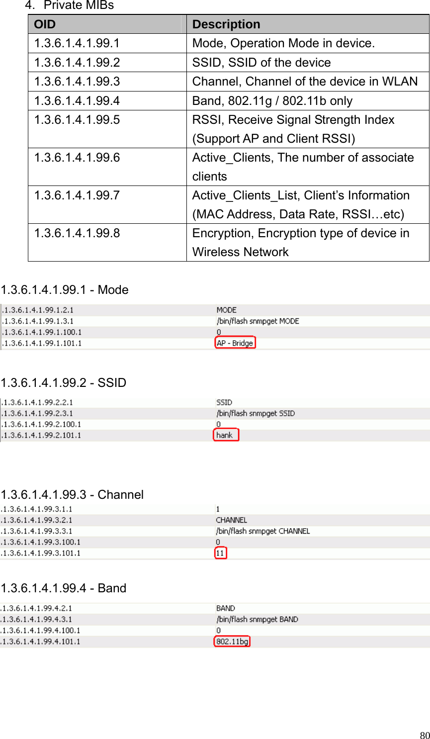  804. Private MIBs OID  Description 1.3.6.1.4.1.99.1 Mode, Operation Mode in device. 1.3.6.1.4.1.99.2 SSID, SSID of the device 1.3.6.1.4.1.99.3 Channel, Channel of the device in WLAN 1.3.6.1.4.1.99.4  Band, 802.11g / 802.11b only   1.3.6.1.4.1.99.5 RSSI, Receive Signal Strength Index (Support AP and Client RSSI) 1.3.6.1.4.1.99.6 Active_Clients, The number of associate clients  1.3.6.1.4.1.99.7 Active_Clients_List, Client’s Information (MAC Address, Data Rate, RSSI…etc) 1.3.6.1.4.1.99.8 Encryption, Encryption type of device in Wireless Network    1.3.6.1.4.1.99.1 - Mode   1.3.6.1.4.1.99.2 - SSID    1.3.6.1.4.1.99.3 - Channel   1.3.6.1.4.1.99.4 - Band     