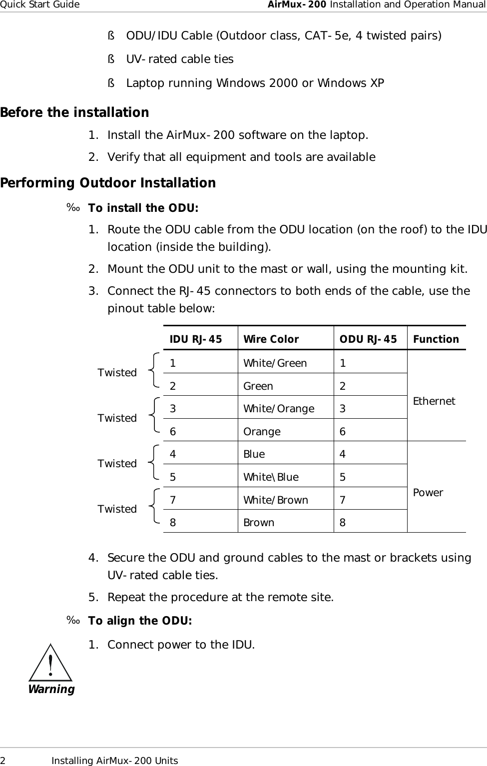 Quick Start Guide  AirMux-200 Installation and Operation Manual 2 Installing AirMux-200 Units  § ODU/IDU Cable (Outdoor class, CAT-5e, 4 twisted pairs) § UV-rated cable ties § Laptop running Windows 2000 or Windows XP Before the installation 1. Install the AirMux-200 software on the laptop. 2. Verify that all equipment and tools are available Performing Outdoor Installation ä  To install the ODU: 1. Route the ODU cable from the ODU location (on the roof) to the IDU location (inside the building). 2. Mount the ODU unit to the mast or wall, using the mounting kit. 3. Connect the RJ-45 connectors to both ends of the cable, use the pinout table below:   IDU RJ-45 Wire Color ODU RJ-45 Function 1 White/Green 1 Twisted  2 Green 2 3 White/Orange 3 Twisted  6 Orange 6 Ethernet 4 Blue 4 Twisted  5 White\Blue 5 7 White/Brown 7 Twisted  8 Brown 8 Power  4. Secure the ODU and ground cables to the mast or brackets using UV-rated cable ties. 5. Repeat the procedure at the remote site. ä  To align the ODU: 1. Connect power to the IDU. Warning 