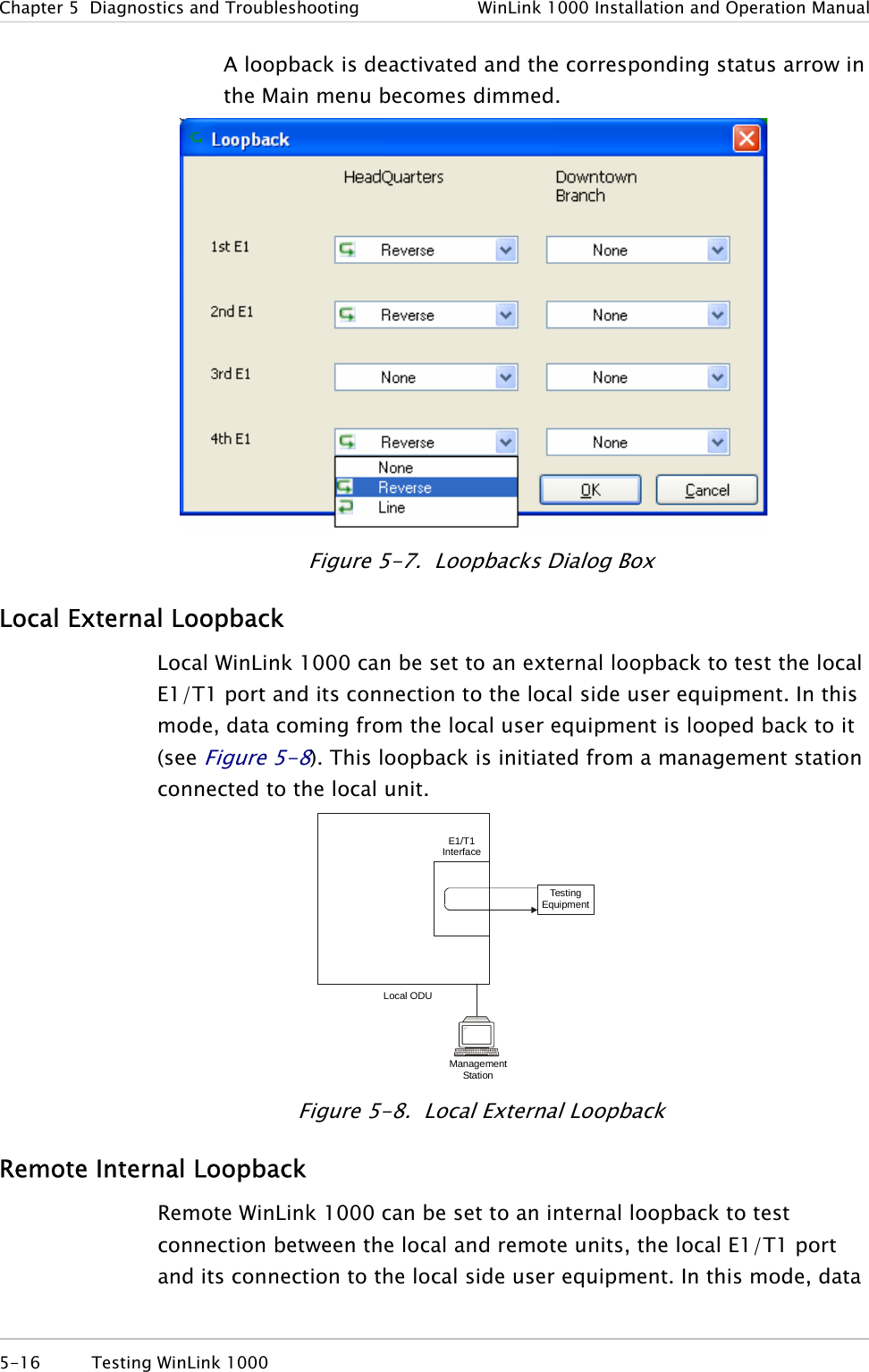 Chapter  5  Diagnostics and Troubleshooting  WinLink 1000 Installation and Operation Manual A loopback is deactivated and the corresponding status arrow in the Main menu becomes dimmed.  Figure  5-7.  Loopbacks Dialog Box Local External Loopback Local WinLink 1000 can be set to an external loopback to test the local E1/T1 port and its connection to the local side user equipment. In this mode, data coming from the local user equipment is looped back to it (see Figure  5-8). This loopback is initiated from a management station connected to the local unit. Tes ti ng  Equipment Management StationE1Interface/T1Local ODU Figure  5-8.  Local External Loopback Remote Internal Loopback Remote WinLink 1000 can be set to an internal loopback to test connection between the local and remote units, the local E1/T1 port and its connection to the local side user equipment. In this mode, data 5-16  Testing WinLink 1000  