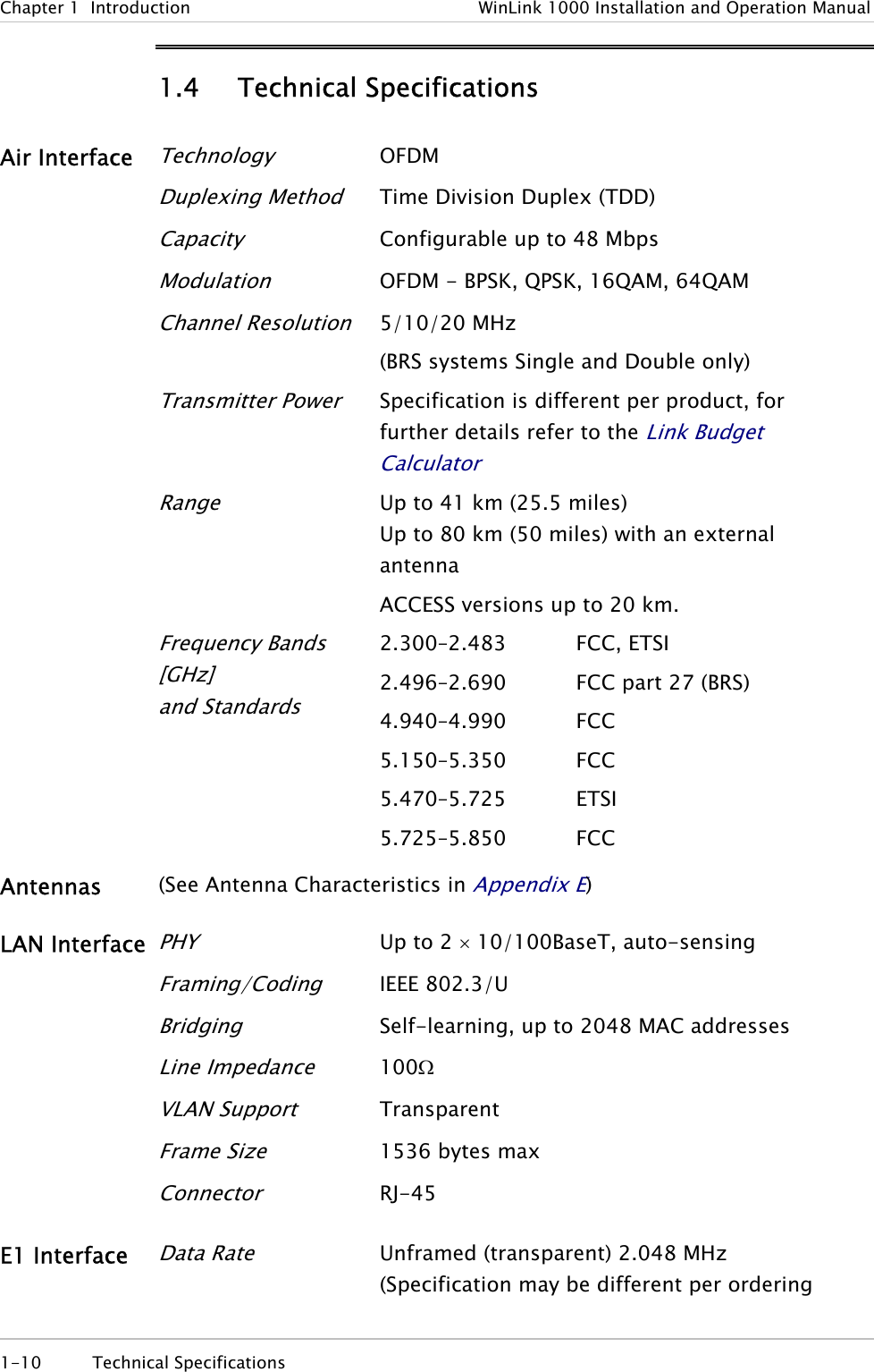 Chapter 1  Introduction  WinLink 1000 Installation and Operation Manual 1.4   Technical Specifications Air Interface Technology OFDM  Duplexing Method Time Division Duplex (TDD)  Capacity Configurable up to 48 Mbps   Modulation OFDM - BPSK, QPSK, 16QAM, 64QAM  Channel Resolution 5/10/20 MHz (BRS systems Single and Double only)  Transmitter Power Specification is different per product, for further details refer to the Link Budget Calculator Range Up to 41 km (25.5 miles)  Up to 80 km (50 miles) with an external antenna ACCESS versions up to 20 km.  Frequency Bands [GHz] and Standards 2.300–2.483 2.496–2.690 4.940–4.990 5.150–5.350 5.470–5.725 5.725–5.850 FCC, ETSI FCC part 27 (BRS) FCC FCC ETSI FCC Antennas  (See Antenna Characteristics in Appendix E) LAN Interface PHY Up to 2 × 10/100BaseT, auto-sensing  Framing/Coding IEEE 802.3/U  Bridging Self-learning, up to 2048 MAC addresses  Line Impedance 100Ω  VLAN Support Transparent  Frame Size 1536 bytes max  Connector RJ-45 E1 Interface Data Rate Unframed (transparent) 2.048 MHz (Specification may be different per ordering 1-10 Technical Specifications  