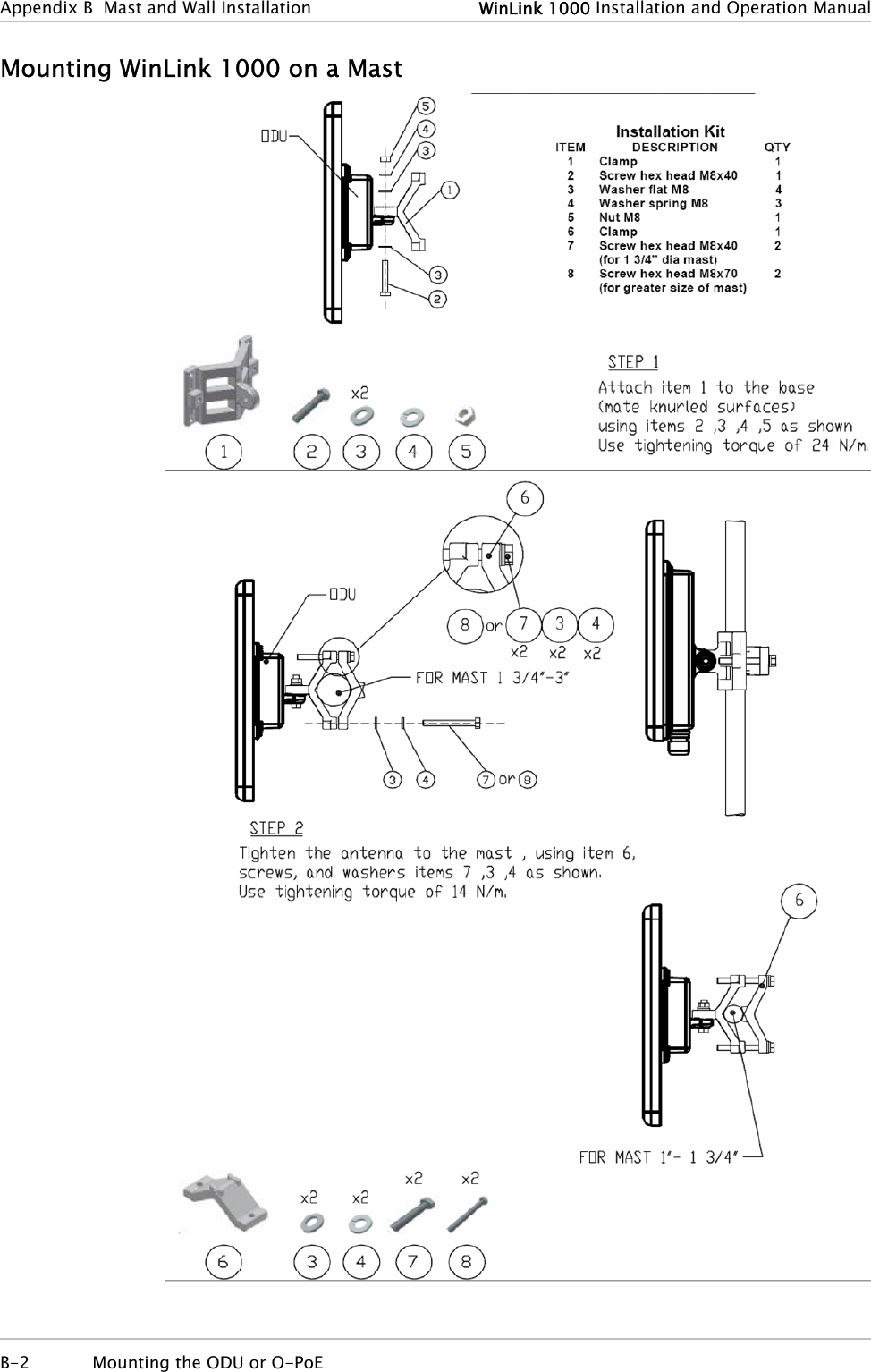 Appendix  B  Mast and Wall Installation  WinLink 1000 Installation and Operation Manual Mounting WinLink 1000 on a Mast    B-2  Mounting the ODU or O-PoE   