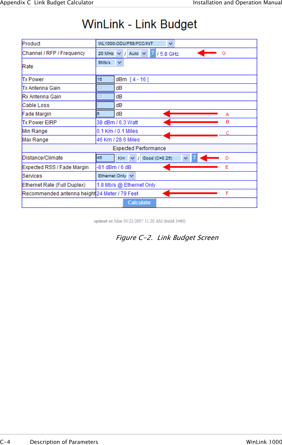 Appendix  C  Link Budget Calculator  Installation and Operation Manual  Figure  C-2.  Link Budget Screen C-4 Description of Parameters  WinLink 1000  