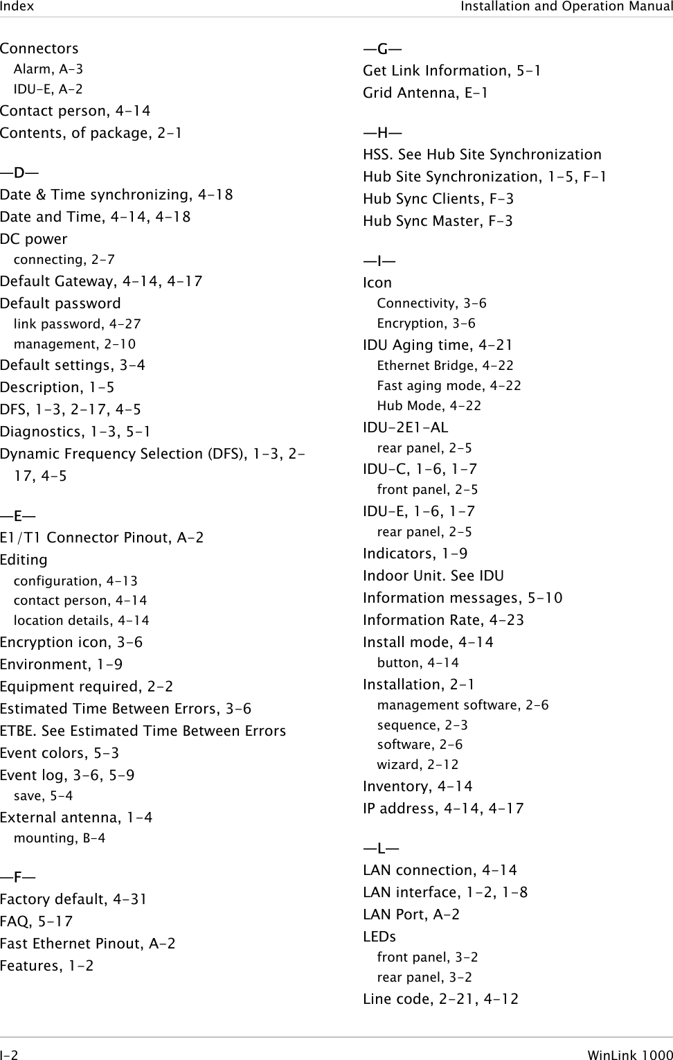 Index  Installation and Operation Manual Connectors Alarm, A-3 IDU-E, A-2 Contact person, 4-14 Contents, of package, 2-1 —D— Date &amp; Time synchronizing, 4-18 Date and Time, 4-14, 4-18 DC power connecting, 2-7 Default Gateway, 4-14, 4-17 Default password link password, 4-27 management, 2-10 Default settings, 3-4 Description, 1-5 DFS, 1-3, 2-17, 4-5 Diagnostics, 1-3, 5-1 Dynamic Frequency Selection (DFS), 1-3, 2-17, 4-5 —E— E1/T1 Connector Pinout, A-2 Editing configuration, 4-13 contact person, 4-14 location details, 4-14 Encryption icon, 3-6 Environment, 1-9 Equipment required, 2-2 Estimated Time Between Errors, 3-6 ETBE. See Estimated Time Between Errors Event colors, 5-3 Event log, 3-6, 5-9 save, 5-4 External antenna, 1-4 mounting, B-4 —F— Factory default, 4-31 FAQ, 5-17 Fast Ethernet Pinout, A-2 Features, 1-2 —G— Get Link Information, 5-1 Grid Antenna, E-1 —H— HSS. See Hub Site Synchronization Hub Site Synchronization, 1-5, F-1 Hub Sync Clients, F-3 Hub Sync Master, F-3 —I— Icon Connectivity, 3-6 Encryption, 3-6 IDU Aging time, 4-21 Ethernet Bridge, 4-22 Fast aging mode, 4-22 Hub Mode, 4-22 IDU-2E1-AL rear panel, 2-5 IDU-C, 1-6, 1-7 front panel, 2-5 IDU-E, 1-6, 1-7 rear panel, 2-5 Indicators, 1-9 Indoor Unit. See IDU Information messages, 5-10 Information Rate, 4-23 Install mode, 4-14 button, 4-14 Installation, 2-1 management software, 2-6 sequence, 2-3 software, 2-6 wizard, 2-12 Inventory, 4-14 IP address, 4-14, 4-17 —L— LAN connection, 4-14 LAN interface, 1-2, 1-8 LAN Port, A-2 LEDs front panel, 3-2 rear panel, 3-2 Line code, 2-21, 4-12 I-2 WinLink 1000  