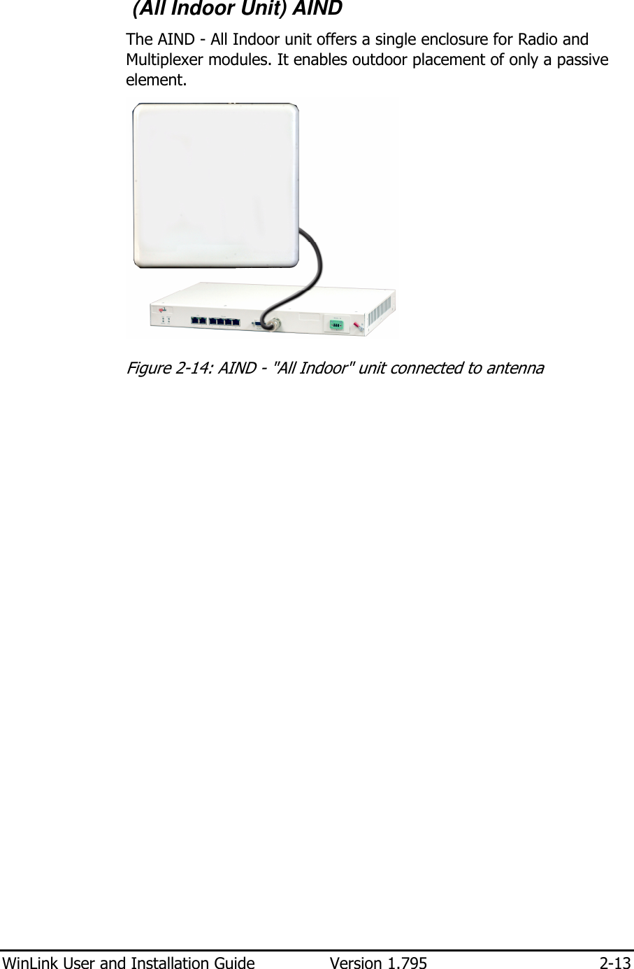  WinLink User and Installation Guide  Version 1.795  2-13   (All Indoor Unit) AIND The AIND - All Indoor unit offers a single enclosure for Radio and Multiplexer modules. It enables outdoor placement of only a passive element.  Figure  2-14: AIND - &quot;All Indoor&quot; unit connected to antenna 