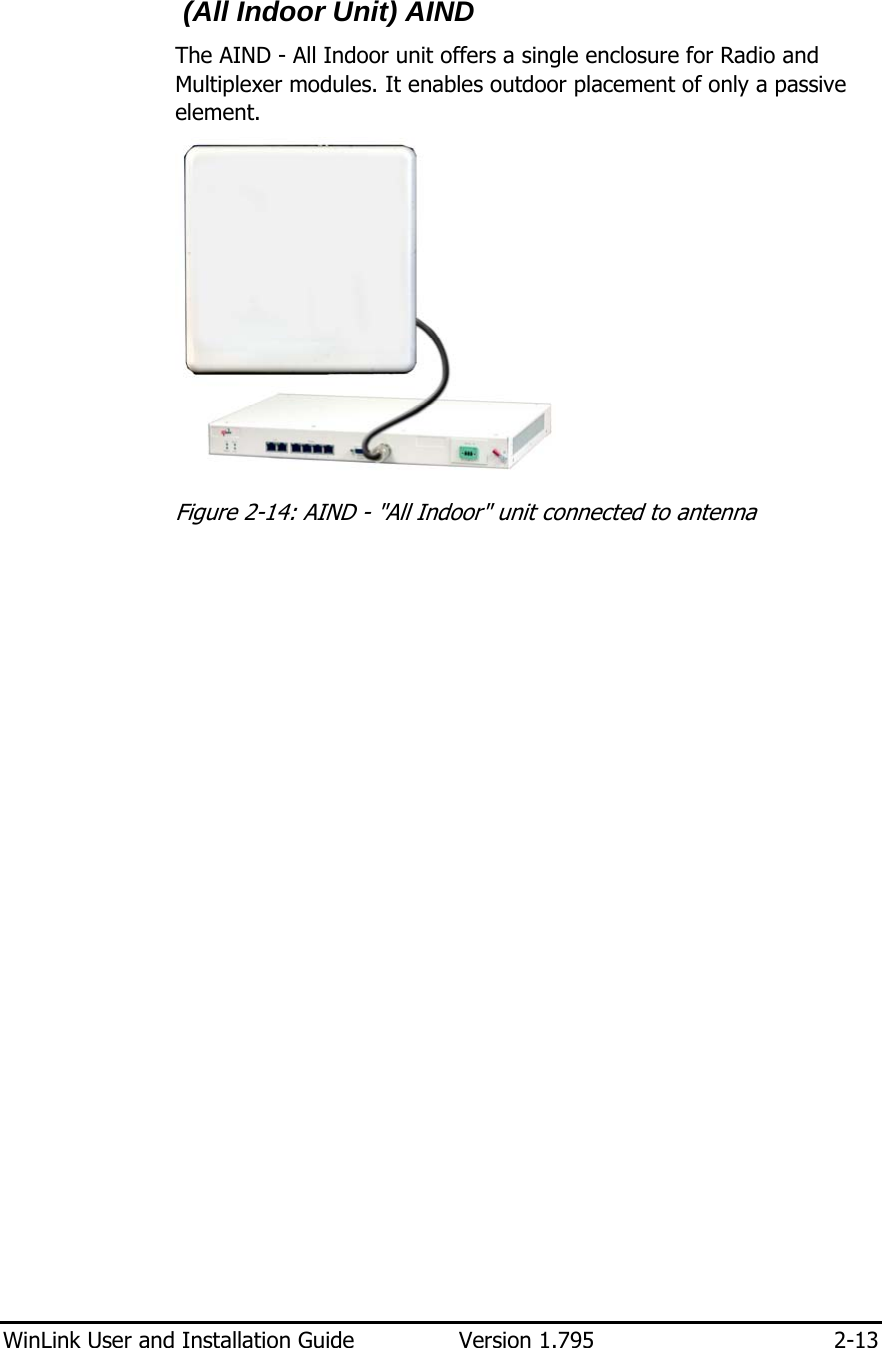  WinLink User and Installation Guide  Version 1.795  2-13   (All Indoor Unit) AIND The AIND - All Indoor unit offers a single enclosure for Radio and Multiplexer modules. It enables outdoor placement of only a passive element.  Figure  2-14: AIND - &quot;All Indoor&quot; unit connected to antenna 