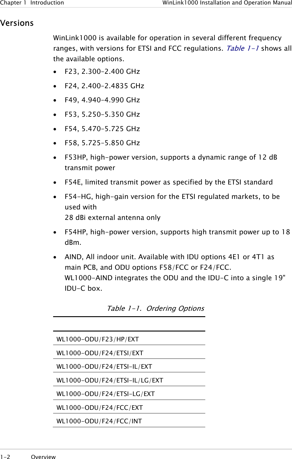 Chapter 1  Introduction  WinLink1000 Installation and Operation Manual Versions WinLink1000 is available for operation in several different frequency ranges, with versions for ETSI and FCC regulations. Table  1-1 shows all the available options. • F23, 2.300–2.400 GHz • F24, 2.400–2.4835 GHz • F49, 4.940–4.990 GHz • F53, 5.250–5.350 GHz • F54, 5.470–5.725 GHz • F58, 5.725–5.850 GHz • F53HP, high-power version, supports a dynamic range of 12 dB transmit power  • F54E, limited transmit power as specified by the ETSI standard • F54-HG, high-gain version for the ETSI regulated markets, to be used with  28 dBi external antenna only • F54HP, high-power version, supports high transmit power up to 18 dBm. • AIND, All indoor unit. Available with IDU options 4E1 or 4T1 as main PCB, and ODU options F58/FCC or F24/FCC. WL1000-AIND integrates the ODU and the IDU-C into a single 19&quot; IDU-C box. Table  1-1.  Ordering Options  WL1000-ODU/F23/HP/EXT WL1000-ODU/F24/ETSI/EXT WL1000-ODU/F24/ETSI-IL/EXT WL1000-ODU/F24/ETSI-IL/LG/EXT WL1000-ODU/F24/ETSI-LG/EXT WL1000-ODU/F24/FCC/EXT WL1000-ODU/F24/FCC/INT 1-2 Overview  