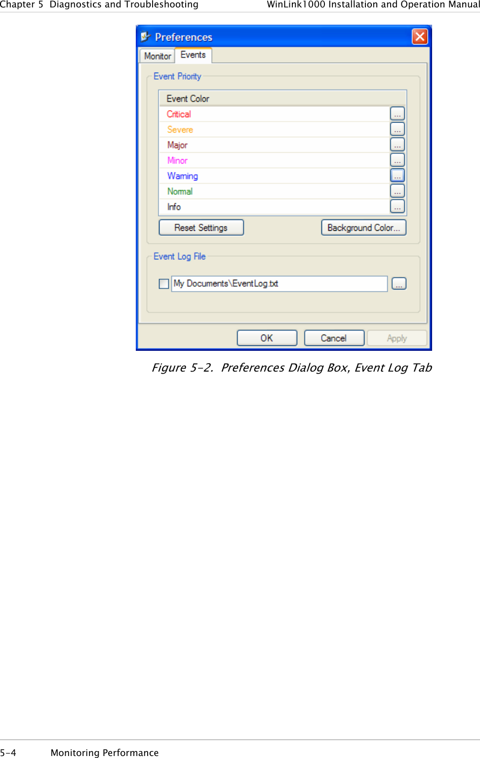 Chapter  5  Diagnostics and Troubleshooting  WinLink1000 Installation and Operation Manual  Figure  5-2.  Preferences Dialog Box, Event Log Tab 5-4 Monitoring Performance  