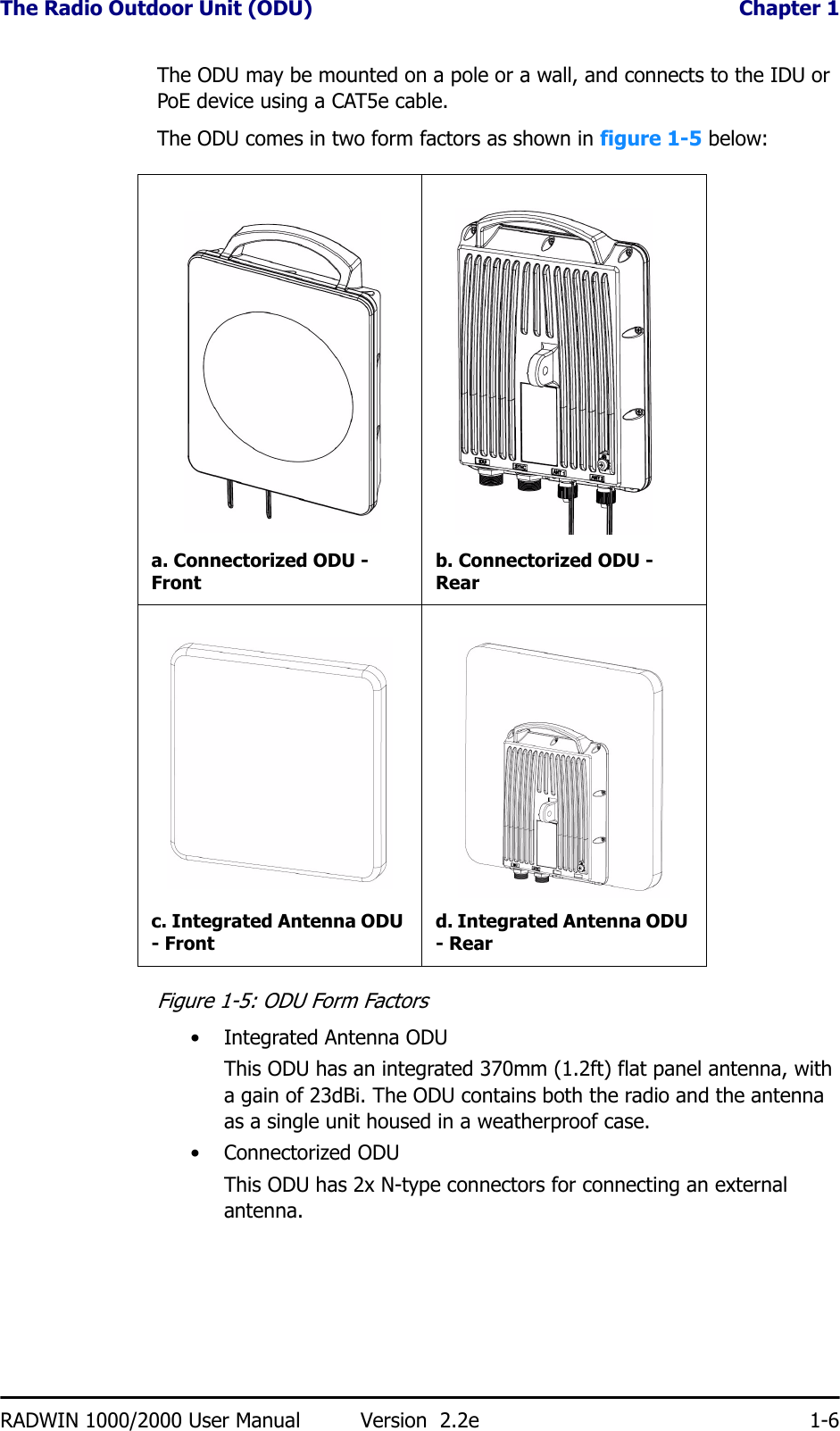 The Radio Outdoor Unit (ODU)  Chapter 1RADWIN 1000/2000 User Manual Version  2.2e 1-6The ODU may be mounted on a pole or a wall, and connects to the IDU or PoE device using a CAT5e cable.The ODU comes in two form factors as shown in figure 1-5 below:Figure 1-5: ODU Form Factors• Integrated Antenna ODUThis ODU has an integrated 370mm (1.2ft) flat panel antenna, with a gain of 23dBi. The ODU contains both the radio and the antenna as a single unit housed in a weatherproof case.•Connectorized ODUThis ODU has 2x N-type connectors for connecting an external antenna.a. Connectorized ODU - Frontb. Connectorized ODU - Rearc. Integrated Antenna ODU - Frontd. Integrated Antenna ODU - Rear