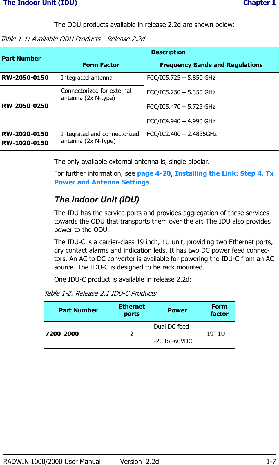 The Indoor Unit (IDU)  Chapter 1RADWIN 1000/2000 User Manual Version  2.2d 1-7The ODU products available in release 2.2d are shown below:The only available external antenna is, single bipolar.For further information, see page 4-20, Installing the Link: Step 4, Tx Power and Antenna Settings.The Indoor Unit (IDU)The IDU has the service ports and provides aggregation of these services towards the ODU that transports them over the air. The IDU also provides power to the ODU.The IDU-C is a carrier-class 19 inch, 1U unit, providing two Ethernet ports, dry contact alarms and indication leds. It has two DC power feed connec-tors. An AC to DC converter is available for powering the IDU-C from an AC source. The IDU-C is designed to be rack mounted.One IDU-C product is available in release 2.2d:Table 1-1: Available ODU Products - Release 2.2dPart NumberDescriptionForm Factor Frequency Bands and RegulationsRW-2050-0150 Integrated antenna  FCC/IC5.725 – 5.850 GHzFCC/IC5.250 – 5.350 GHz FCC/IC5.470 – 5.725 GHzFCC/IC4.940 – 4.990 GHzRW-2050-0250Connectorized for external antenna (2x N-type)RW-2020-0150RW-1020-0150Integrated and connectorized antenna (2x N-Type) FCC/IC2.400 – 2.4835GHzTable 1-2: Release 2.1 IDU-C ProductsPart Number Ethernet ports Power Form factor7200-2000 2Dual DC feed-20 to -60VDC 19&quot; 1U