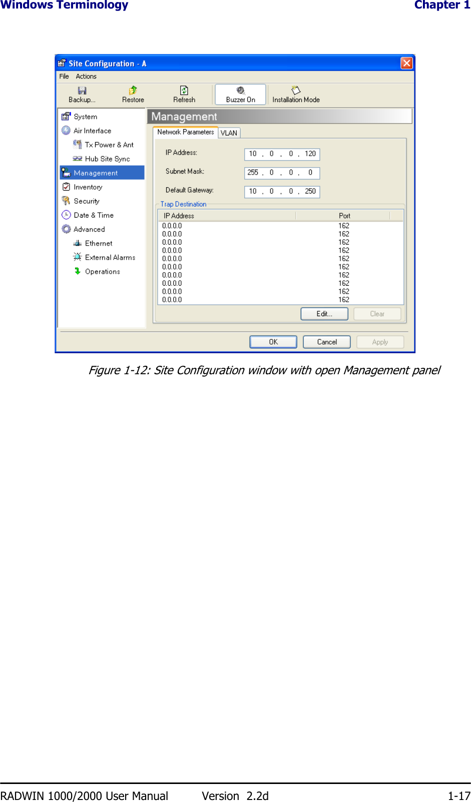 Windows Terminology  Chapter 1RADWIN 1000/2000 User Manual Version  2.2d 1-17Figure 1-12: Site Configuration window with open Management panel