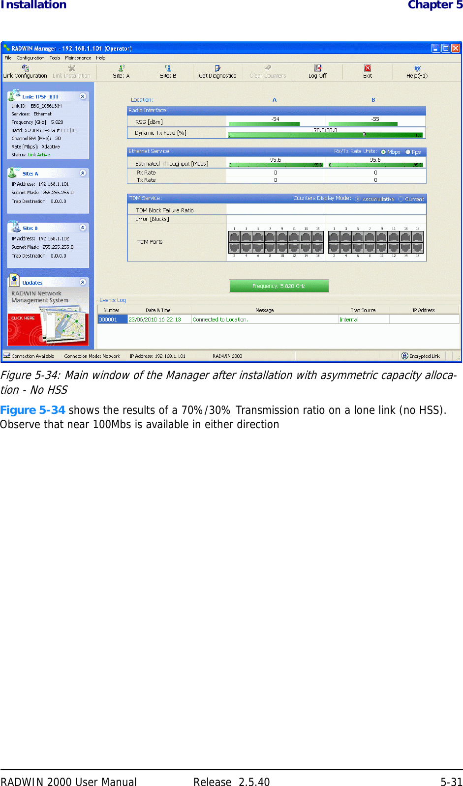 Installation Chapter 5RADWIN 2000 User Manual Release  2.5.40 5-31Figure 5-34: Main window of the Manager after installation with asymmetric capacity alloca-tion - No HSSFigure 5-34 shows the results of a 70%/30% Transmission ratio on a lone link (no HSS). Observe that near 100Mbs is available in either direction