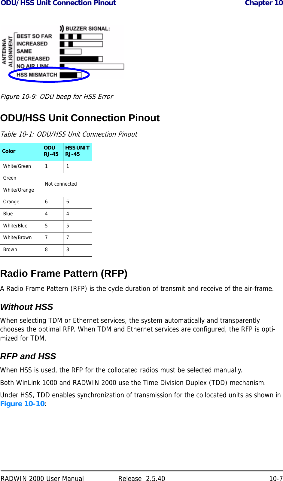 ODU/HSS Unit Connection Pinout Chapter 10RADWIN 2000 User Manual Release  2.5.40 10-7Figure 10-9: ODU beep for HSS ErrorODU/HSS Unit Connection PinoutRadio Frame Pattern (RFP)A Radio Frame Pattern (RFP) is the cycle duration of transmit and receive of the air-frame.Without HSSWhen selecting TDM or Ethernet services, the system automatically and transparently chooses the optimal RFP. When TDM and Ethernet services are configured, the RFP is opti-mized for TDM.RFP and HSSWhen HSS is used, the RFP for the collocated radios must be selected manually.Both WinLink 1000 and RADWIN 2000 use the Time Division Duplex (TDD) mechanism.Under HSS, TDD enables synchronization of transmission for the collocated units as shown in Figure 10-10:Table 10-1: ODU/HSS Unit Connection PinoutColor ODU RJ-45 HSS UNIT RJ-45White/Green 1 1 Green Not connectedWhite/OrangeOrange 6 6 Blue 4 4 White/Blue 5 5 White/Brown 7 7 Brown 8 8 