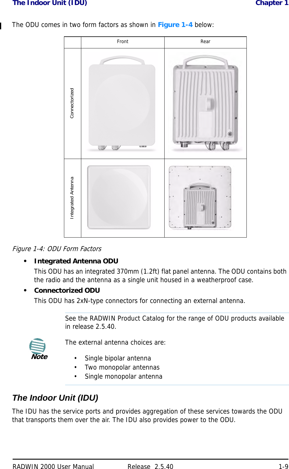 The Indoor Unit (IDU) Chapter 1RADWIN 2000 User Manual Release  2.5.40 1-9The ODU comes in two form factors as shown in Figure 1-4 below:Figure 1-4: ODU Form Factors• Integrated Antenna ODUThis ODU has an integrated 370mm (1.2ft) flat panel antenna. The ODU contains both the radio and the antenna as a single unit housed in a weatherproof case.• Connectorized ODUThis ODU has 2xN-type connectors for connecting an external antenna.The Indoor Unit (IDU)The IDU has the service ports and provides aggregation of these services towards the ODU that transports them over the air. The IDU also provides power to the ODU.Front RearConnectorizedIntegrated AntennaNoteSee the RADWIN Product Catalog for the range of ODU products available in release 2.5.40.The external antenna choices are:• Single bipolar antenna• Two monopolar antennas• Single monopolar antenna