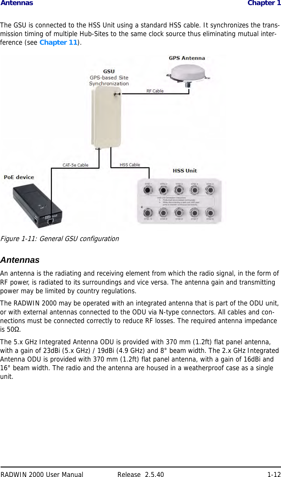 Antennas Chapter 1RADWIN 2000 User Manual Release  2.5.40 1-12The GSU is connected to the HSS Unit using a standard HSS cable. It synchronizes the trans-mission timing of multiple Hub-Sites to the same clock source thus eliminating mutual inter-ference (see Chapter 11).Figure 1-11: General GSU configuration AntennasAn antenna is the radiating and receiving element from which the radio signal, in the form of RF power, is radiated to its surroundings and vice versa. The antenna gain and transmitting power may be limited by country regulations.The RADWIN 2000 may be operated with an integrated antenna that is part of the ODU unit, or with external antennas connected to the ODU via N-type connectors. All cables and con-nections must be connected correctly to reduce RF losses. The required antenna impedance is 50Ω.The 5.x GHz Integrated Antenna ODU is provided with 370 mm (1.2ft) flat panel antenna, with a gain of 23dBi (5.x GHz) / 19dBi (4.9 GHz) and 8° beam width. The 2.x GHz Integrated Antenna ODU is provided with 370 mm (1.2ft) flat panel antenna, with a gain of 16dBi and 16° beam width. The radio and the antenna are housed in a weatherproof case as a single unit.