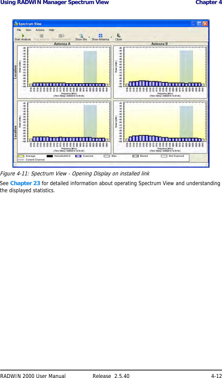 Using RADWIN Manager Spectrum View Chapter 4RADWIN 2000 User Manual Release  2.5.40 4-12Figure 4-11: Spectrum View - Opening Display on installed linkSee Chapter 23 for detailed information about operating Spectrum View and understanding the displayed statistics.  