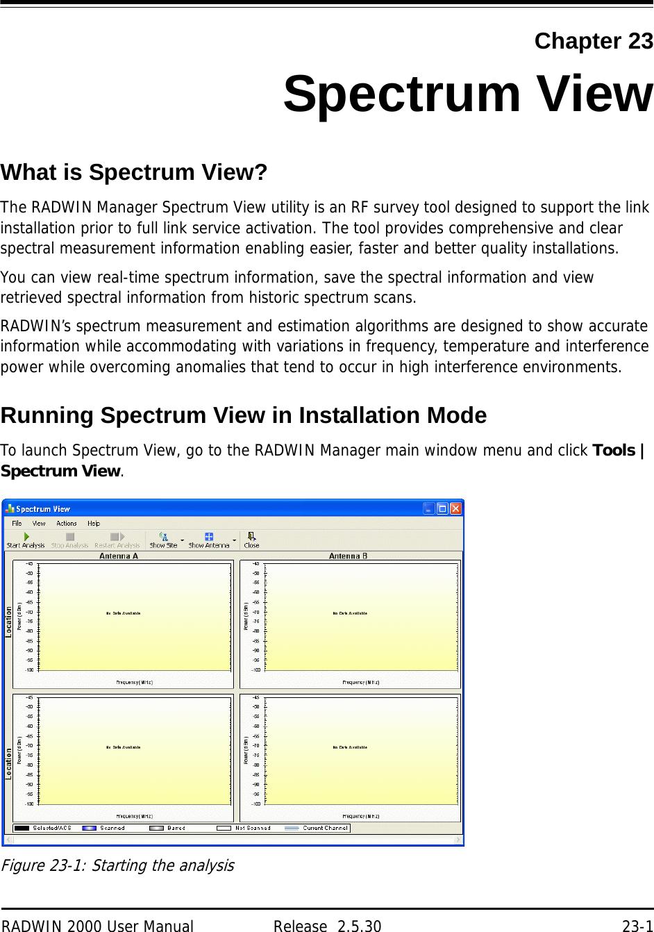 RADWIN 2000 User Manual Release  2.5.30 23-1Chapter 23Spectrum ViewWhat is Spectrum View?The RADWIN Manager Spectrum View utility is an RF survey tool designed to support the link installation prior to full link service activation. The tool provides comprehensive and clear spectral measurement information enabling easier, faster and better quality installations.You can view real-time spectrum information, save the spectral information and view retrieved spectral information from historic spectrum scans.RADWIN’s spectrum measurement and estimation algorithms are designed to show accurate information while accommodating with variations in frequency, temperature and interference power while overcoming anomalies that tend to occur in high interference environments.Running Spectrum View in Installation ModeTo launch Spectrum View, go to the RADWIN Manager main window menu and click Tools | Spectrum View.Figure 23-1: Starting the analysis