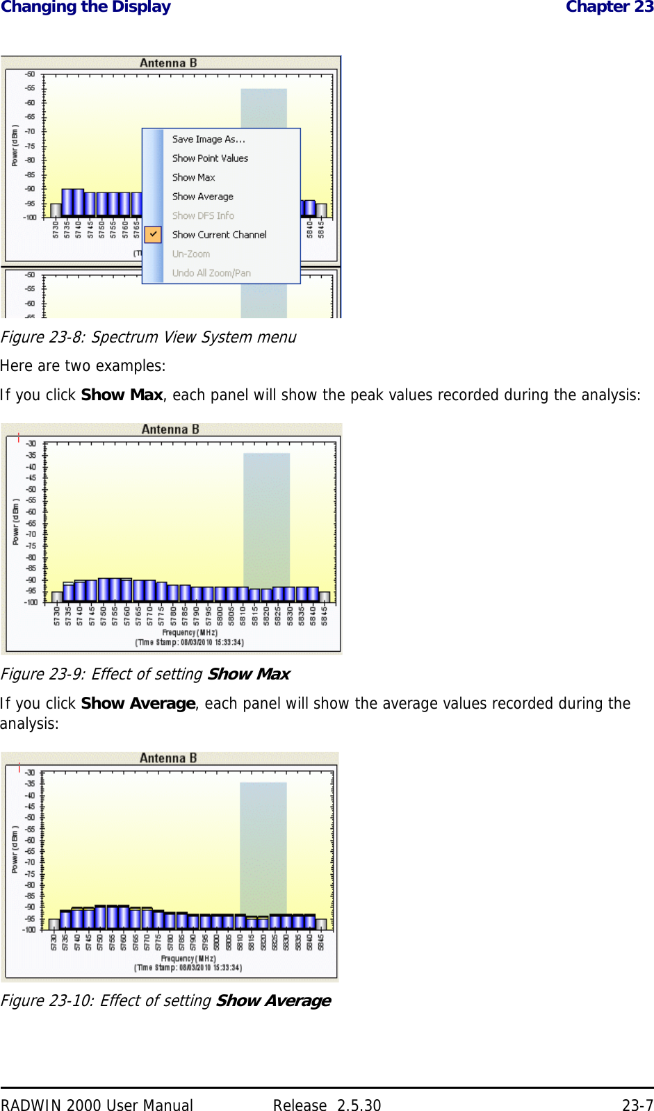 Changing the Display Chapter 23RADWIN 2000 User Manual Release  2.5.30 23-7Figure 23-8: Spectrum View System menuHere are two examples:If you click Show Max, each panel will show the peak values recorded during the analysis:Figure 23-9: Effect of setting Show MaxIf you click Show Average, each panel will show the average values recorded during the analysis:Figure 23-10: Effect of setting Show Average