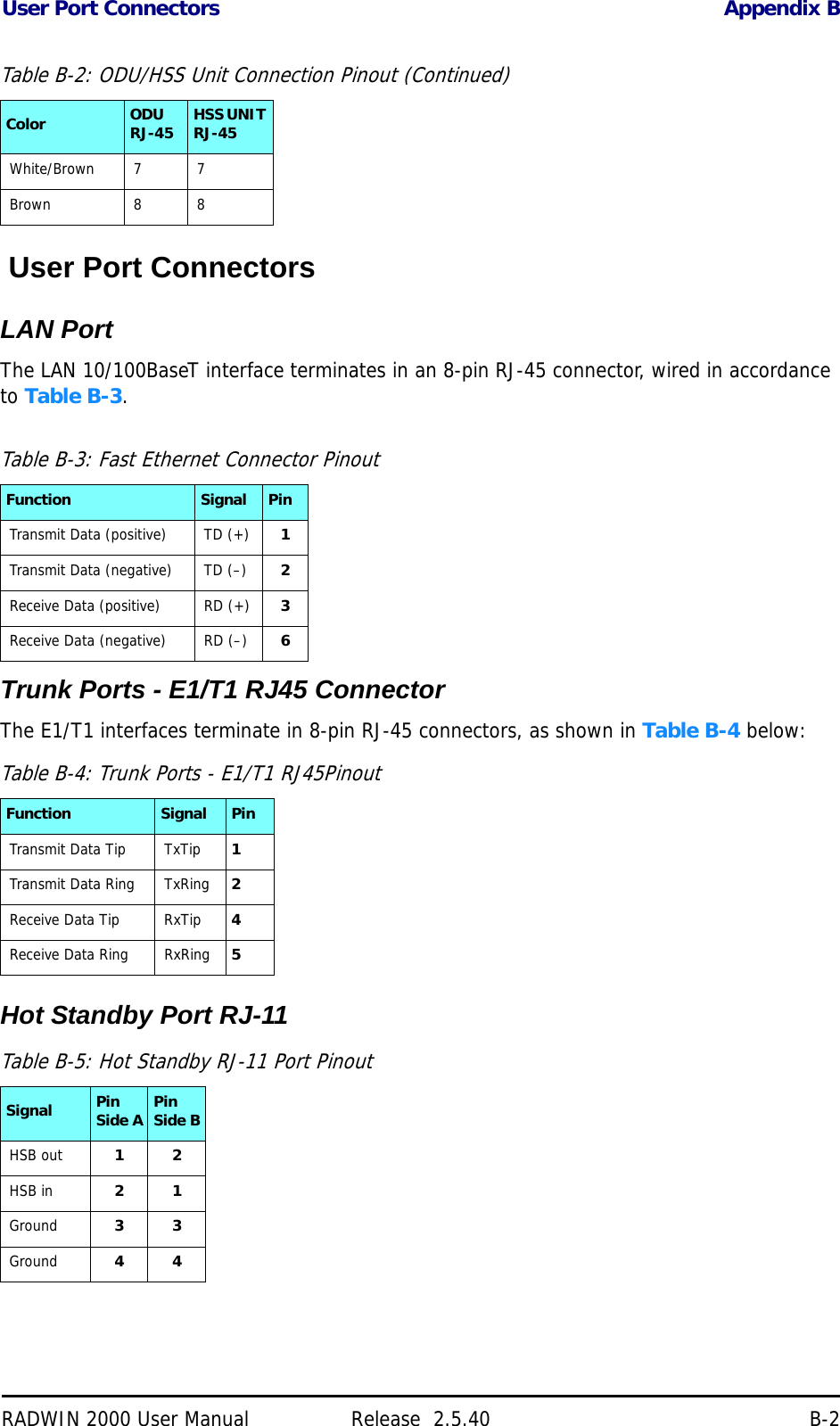 User Port Connectors Appendix BRADWIN 2000 User Manual Release  2.5.40 B-2 User Port ConnectorsLAN PortThe LAN 10/100BaseT interface terminates in an 8-pin RJ-45 connector, wired in accordance to Table B-3.Trunk Ports - E1/T1 RJ45 ConnectorThe E1/T1 interfaces terminate in 8-pin RJ-45 connectors, as shown in Table B-4 below: Hot Standby Port RJ-11White/Brown 7 7 Brown 8 8 Table B-3: Fast Ethernet Connector PinoutFunction Signal Pin Transmit Data (positive) TD (+) 1Transmit Data (negative) TD (–) 2Receive Data (positive) RD (+) 3Receive Data (negative) RD (–) 6Table B-4: Trunk Ports - E1/T1 RJ45PinoutFunction Signal PinTransmit Data Tip TxTip 1Transmit Data Ring TxRing 2Receive Data Tip RxTip 4Receive Data Ring RxRing 5Table B-5: Hot Standby RJ-11 Port PinoutSignal Pin Side A Pin Side BHSB out 12HSB in 21Ground 33Ground 44Table B-2: ODU/HSS Unit Connection Pinout (Continued)Color ODU RJ-45 HSS UNIT RJ-45