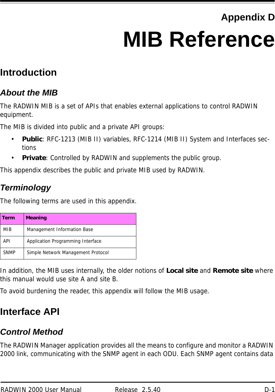 RADWIN 2000 User Manual Release  2.5.40 D-1Appendix DMIB ReferenceIntroductionAbout the MIBThe RADWIN MIB is a set of APIs that enables external applications to control RADWIN equipment.The MIB is divided into public and a private API groups:•Public: RFC-1213 (MIB II) variables, RFC-1214 (MIB II) System and Interfaces sec-tions•Private: Controlled by RADWIN and supplements the public group.This appendix describes the public and private MIB used by RADWIN.TerminologyThe following terms are used in this appendix.In addition, the MIB uses internally, the older notions of Local site and Remote site where this manual would use site A and site B.To avoid burdening the reader, this appendix will follow the MIB usage.Interface APIControl MethodThe RADWIN Manager application provides all the means to configure and monitor a RADWIN 2000 link, communicating with the SNMP agent in each ODU. Each SNMP agent contains data Term MeaningMIB Management Information BaseAPI Application Programming InterfaceSNMP Simple Network Management Protocol
