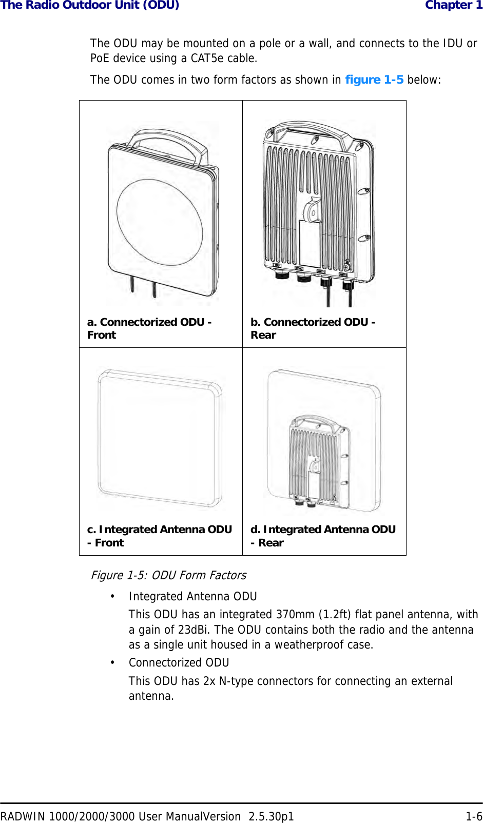 The Radio Outdoor Unit (ODU)  Chapter 1RADWIN 1000/2000/3000 User ManualVersion  2.5.30p1 1-6The ODU may be mounted on a pole or a wall, and connects to the IDU or PoE device using a CAT5e cable.The ODU comes in two form factors as shown in figure 1-5 below:Figure 1-5: ODU Form Factors• Integrated Antenna ODUThis ODU has an integrated 370mm (1.2ft) flat panel antenna, with a gain of 23dBi. The ODU contains both the radio and the antenna as a single unit housed in a weatherproof case.•Connectorized ODUThis ODU has 2x N-type connectors for connecting an external antenna.a. Connectorized ODU - Front b. Connectorized ODU - Rearc. Integrated Antenna ODU - Front d. Integrated Antenna ODU - Rear