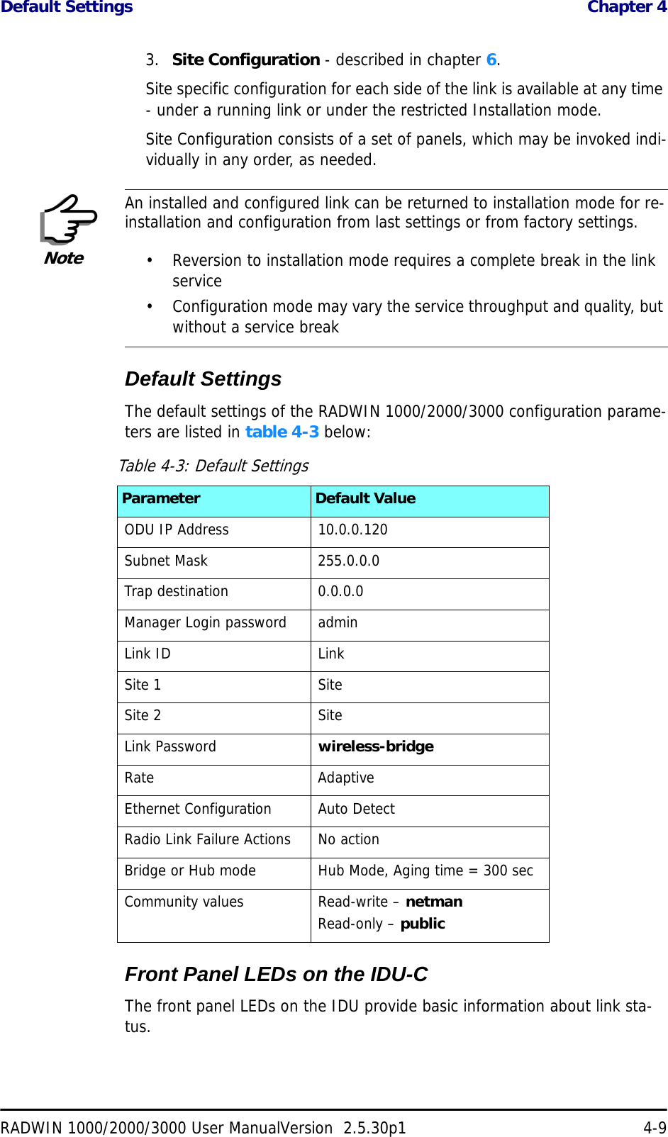 Default Settings  Chapter 4RADWIN 1000/2000/3000 User ManualVersion  2.5.30p1 4-93.  Site Configuration - described in chapter 6.Site specific configuration for each side of the link is available at any time - under a running link or under the restricted Installation mode.Site Configuration consists of a set of panels, which may be invoked indi-vidually in any order, as needed.Default SettingsThe default settings of the RADWIN 1000/2000/3000 configuration parame-ters are listed in table 4-3 below:Front Panel LEDs on the IDU-CThe front panel LEDs on the IDU provide basic information about link sta-tus. NoteAn installed and configured link can be returned to installation mode for re-installation and configuration from last settings or from factory settings.• Reversion to installation mode requires a complete break in the link service• Configuration mode may vary the service throughput and quality, but without a service breakTable 4-3: Default SettingsParameter Default ValueODU IP Address 10.0.0.120Subnet Mask 255.0.0.0Trap destination 0.0.0.0Manager Login password adminLink ID Link Site 1 SiteSite 2 SiteLink Password wireless-bridgeRate AdaptiveEthernet Configuration Auto DetectRadio Link Failure Actions No actionBridge or Hub mode Hub Mode, Aging time = 300 secCommunity values Read-write – netmanRead-only – public