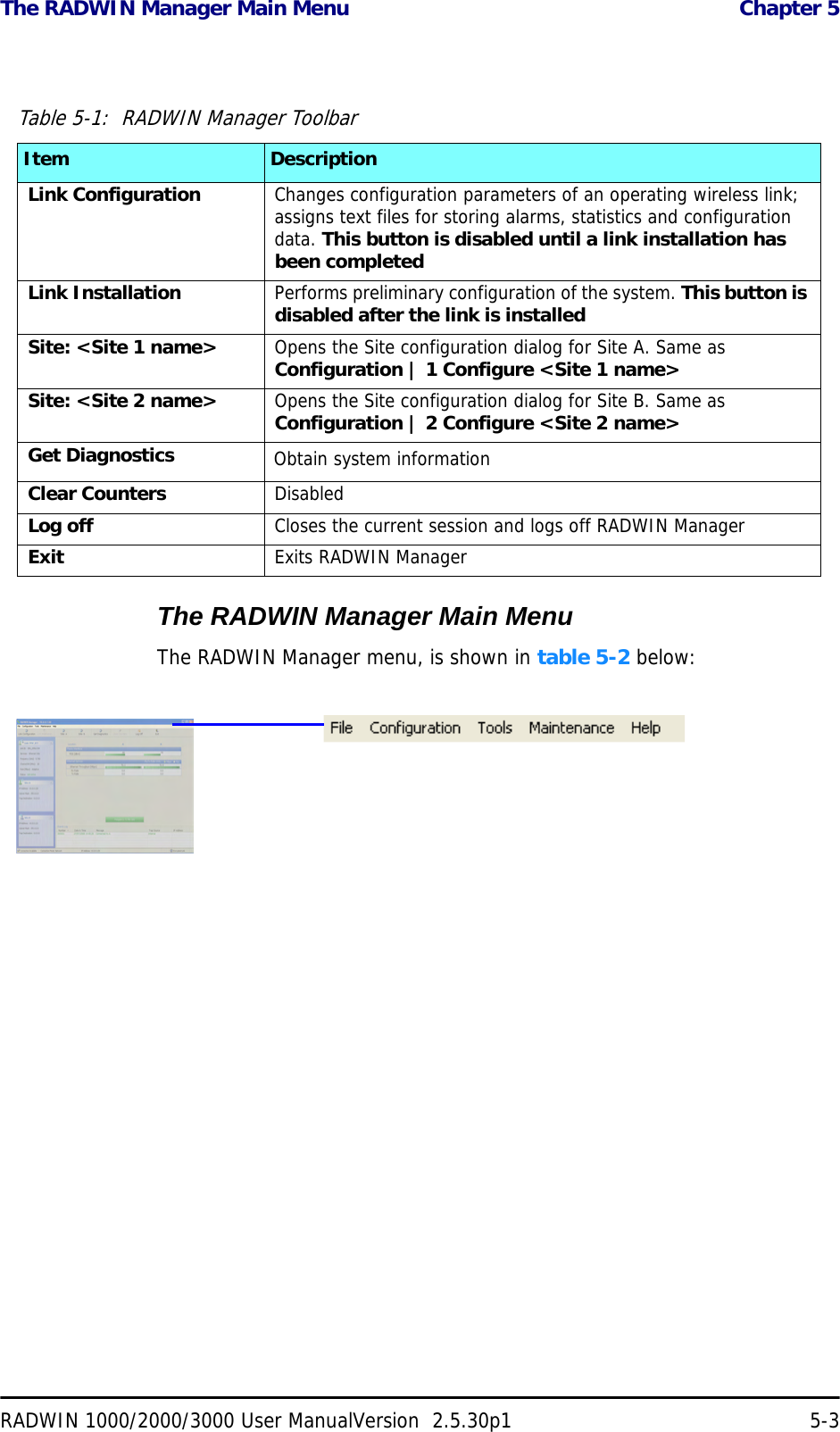 The RADWIN Manager Main Menu  Chapter 5RADWIN 1000/2000/3000 User ManualVersion  2.5.30p1 5-3The RADWIN Manager Main MenuThe RADWIN Manager menu, is shown in table 5-2 below:Table 5-1:  RADWIN Manager ToolbarItem DescriptionLink Configuration Changes configuration parameters of an operating wireless link; assigns text files for storing alarms, statistics and configuration data. This button is disabled until a link installation has been completedLink Installation Performs preliminary configuration of the system. This button is disabled after the link is installedSite: &lt;Site 1 name&gt; Opens the Site configuration dialog for Site A. Same as Configuration | 1 Configure &lt;Site 1 name&gt;Site: &lt;Site 2 name&gt; Opens the Site configuration dialog for Site B. Same as Configuration | 2 Configure &lt;Site 2 name&gt;Get Diagnostics Obtain system informationClear Counters DisabledLog off Closes the current session and logs off RADWIN ManagerExit Exits RADWIN Manager