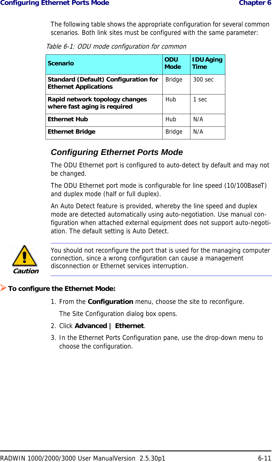 Configuring Ethernet Ports Mode  Chapter 6RADWIN 1000/2000/3000 User ManualVersion  2.5.30p1 6-11The following table shows the appropriate configuration for several common scenarios. Both link sites must be configured with the same parameter:Configuring Ethernet Ports ModeThe ODU Ethernet port is configured to auto-detect by default and may not be changed.The ODU Ethernet port mode is configurable for line speed (10/100BaseT) and duplex mode (half or full duplex).An Auto Detect feature is provided, whereby the line speed and duplex mode are detected automatically using auto-negotiation. Use manual con-figuration when attached external equipment does not support auto-negoti-ation. The default setting is Auto Detect.¾To configure the Ethernet Mode:1. From the Configuration menu, choose the site to reconfigure.The Site Configuration dialog box opens.2. Click Advanced | Ethernet.3. In the Ethernet Ports Configuration pane, use the drop-down menu to choose the configuration.Table 6-1: ODU mode configuration for commonScenario ODU Mode IDU Aging TimeStandard (Default) Configuration for Ethernet Applications Bridge 300 secRapid network topology changes where fast aging is required Hub 1 secEthernet Hub Hub N/AEthernet Bridge Bridge N/ACautionYou should not reconfigure the port that is used for the managing computer connection, since a wrong configuration can cause a management disconnection or Ethernet services interruption.