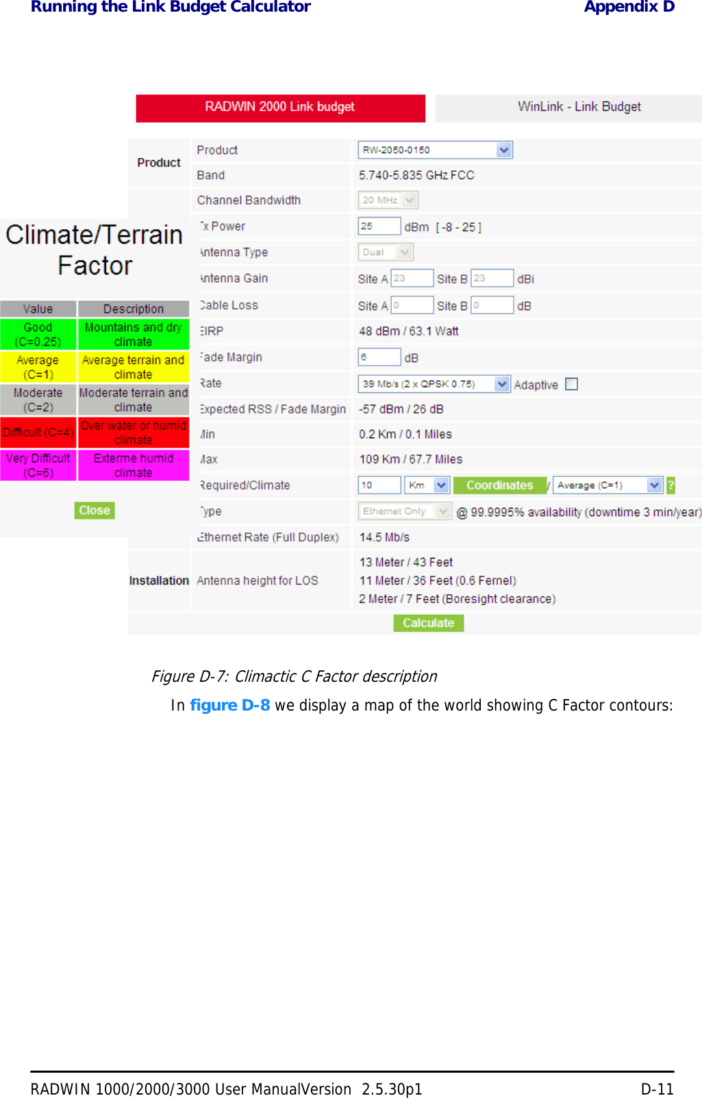 Running the Link Budget Calculator Appendix DRADWIN 1000/2000/3000 User ManualVersion  2.5.30p1 D-11Figure D-7: Climactic C Factor descriptionIn figure D-8 we display a map of the world showing C Factor contours: