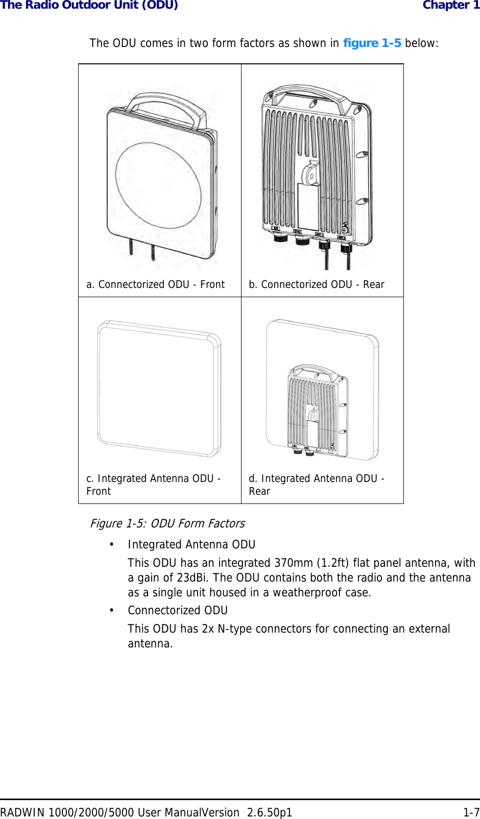 The Radio Outdoor Unit (ODU)  Chapter 1RADWIN 1000/2000/5000 User ManualVersion  2.6.50p1 1-7The ODU comes in two form factors as shown in figure 1-5 below:Figure 1-5: ODU Form Factors• Integrated Antenna ODUThis ODU has an integrated 370mm (1.2ft) flat panel antenna, with a gain of 23dBi. The ODU contains both the radio and the antenna as a single unit housed in a weatherproof case.•Connectorized ODUThis ODU has 2x N-type connectors for connecting an external antenna.a. Connectorized ODU - Front b. Connectorized ODU - Rearc. Integrated Antenna ODU - Front d. Integrated Antenna ODU - Rear