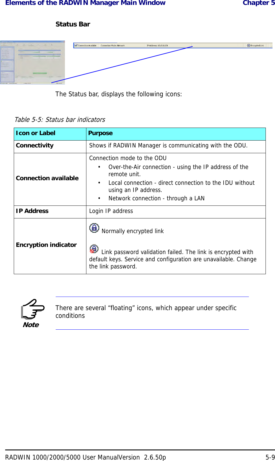 Elements of the RADWIN Manager Main Window  Chapter 5RADWIN 1000/2000/5000 User ManualVersion  2.6.50p 5-9Status BarThe Status bar, displays the following icons:Table 5-5: Status bar indicatorsIcon or Label PurposeConnectivity Shows if RADWIN Manager is communicating with the ODU.Connection availableConnection mode to the ODU• Over-the-Air connection - using the IP address of the remote unit.• Local connection - direct connection to the IDU without using an IP address.• Network connection - through a LANIP Address Login IP addressEncryption indicator Normally encrypted link Link password validation failed. The link is encrypted with default keys. Service and configuration are unavailable. Change the link password.NoteThere are several “floating” icons, which appear under specific conditions