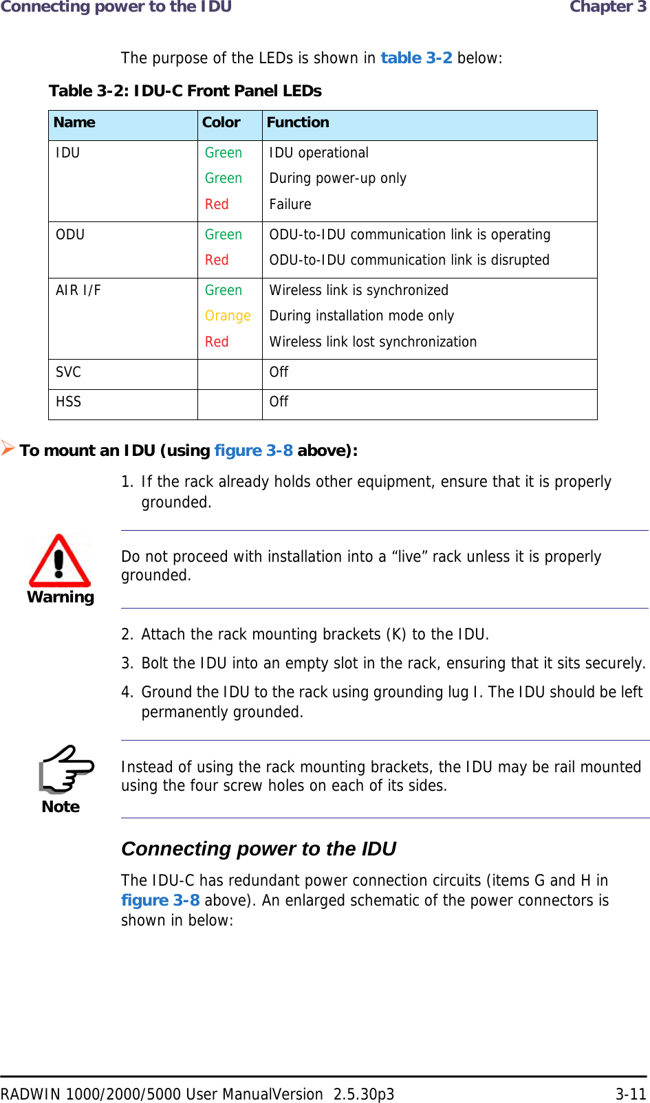 Connecting power to the IDU  Chapter 3RADWIN 1000/2000/5000 User ManualVersion  2.5.30p3 3-11The purpose of the LEDs is shown in table 3-2 below:To mount an IDU (using figure 3-8 above):1. If the rack already holds other equipment, ensure that it is properly grounded.2. Attach the rack mounting brackets (K) to the IDU.3. Bolt the IDU into an empty slot in the rack, ensuring that it sits securely.4. Ground the IDU to the rack using grounding lug I. The IDU should be left permanently grounded.Connecting power to the IDUThe IDU-C has redundant power connection circuits (items G and H in figure 3-8 above). An enlarged schematic of the power connectors is shown in below:Table 3-2: IDU-C Front Panel LEDsName Color FunctionIDU GreenGreenRedIDU operationalDuring power-up onlyFailureODU GreenRedODU-to-IDU communication link is operatingODU-to-IDU communication link is disrupted AIR I/F GreenOrangeRedWireless link is synchronizedDuring installation mode onlyWireless link lost synchronizationSVC OffHSS OffWarningDo not proceed with installation into a “live” rack unless it is properly grounded.NoteInstead of using the rack mounting brackets, the IDU may be rail mounted using the four screw holes on each of its sides.