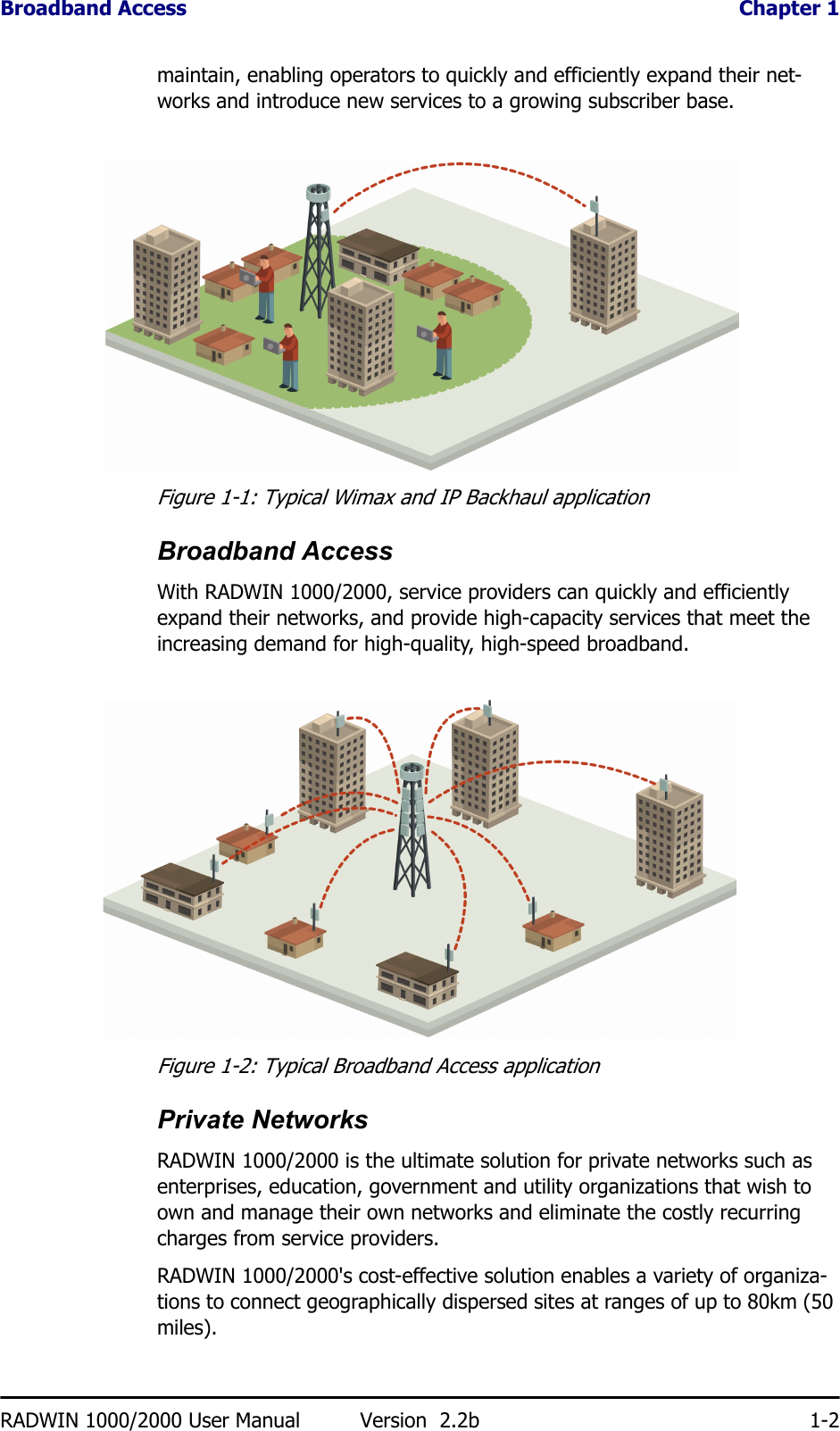 Broadband Access  Chapter 1RADWIN 1000/2000 User Manual Version  2.2b 1-2maintain, enabling operators to quickly and efficiently expand their net-works and introduce new services to a growing subscriber base.Figure 1-1: Typical Wimax and IP Backhaul applicationBroadband AccessWith RADWIN 1000/2000, service providers can quickly and efficiently expand their networks, and provide high-capacity services that meet the increasing demand for high-quality, high-speed broadband. Figure 1-2: Typical Broadband Access applicationPrivate NetworksRADWIN 1000/2000 is the ultimate solution for private networks such as enterprises, education, government and utility organizations that wish to own and manage their own networks and eliminate the costly recurring charges from service providers.RADWIN 1000/2000&apos;s cost-effective solution enables a variety of organiza-tions to connect geographically dispersed sites at ranges of up to 80km (50 miles).