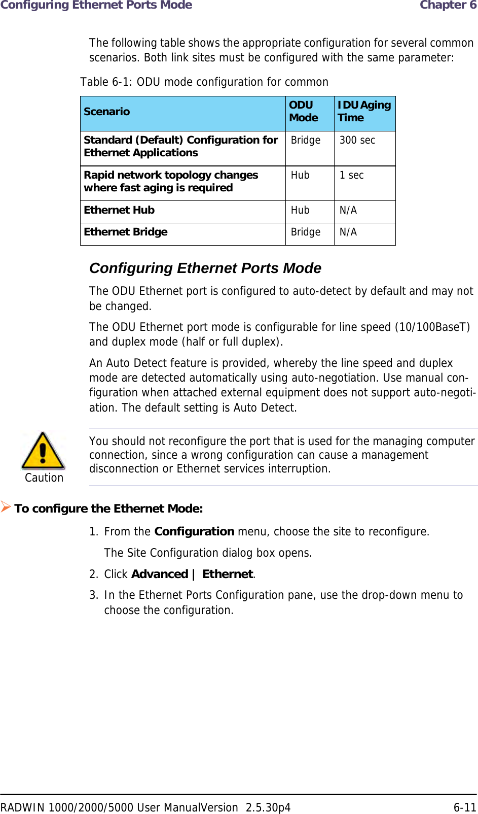 Configuring Ethernet Ports Mode  Chapter 6RADWIN 1000/2000/5000 User ManualVersion  2.5.30p4 6-11The following table shows the appropriate configuration for several common scenarios. Both link sites must be configured with the same parameter:Configuring Ethernet Ports ModeThe ODU Ethernet port is configured to auto-detect by default and may not be changed.The ODU Ethernet port mode is configurable for line speed (10/100BaseT) and duplex mode (half or full duplex).An Auto Detect feature is provided, whereby the line speed and duplex mode are detected automatically using auto-negotiation. Use manual con-figuration when attached external equipment does not support auto-negoti-ation. The default setting is Auto Detect.To configure the Ethernet Mode:1. From the Configuration menu, choose the site to reconfigure.The Site Configuration dialog box opens.2. Click Advanced | Ethernet.3. In the Ethernet Ports Configuration pane, use the drop-down menu to choose the configuration.Table 6-1: ODU mode configuration for commonScenario ODU Mode IDU Aging TimeStandard (Default) Configuration for Ethernet Applications Bridge 300 secRapid network topology changes where fast aging is required Hub 1 secEthernet Hub Hub N/AEthernet Bridge Bridge N/ACautionYou should not reconfigure the port that is used for the managing computer connection, since a wrong configuration can cause a management disconnection or Ethernet services interruption.