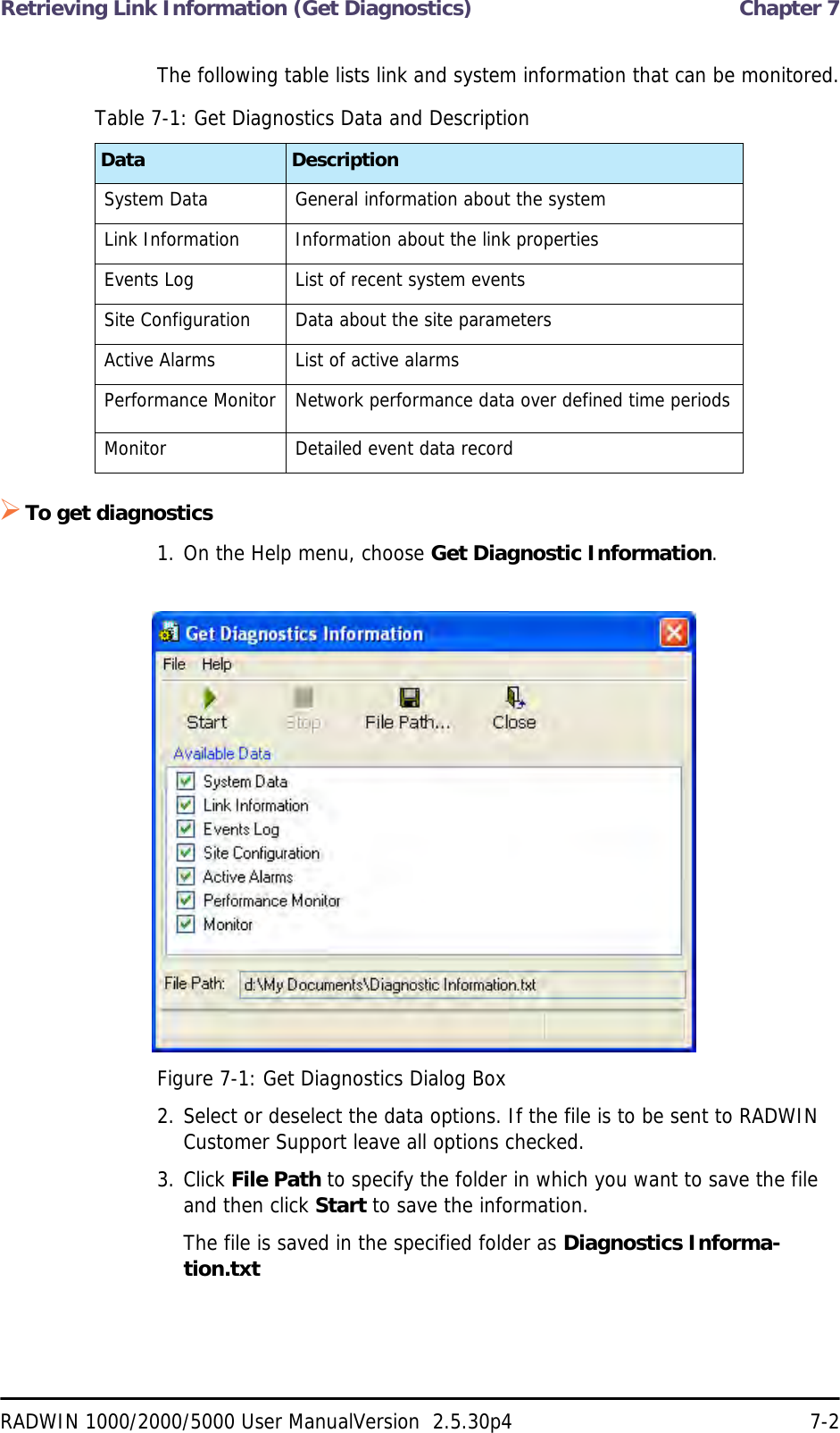 Retrieving Link Information (Get Diagnostics)  Chapter 7RADWIN 1000/2000/5000 User ManualVersion  2.5.30p4 7-2The following table lists link and system information that can be monitored.To get diagnostics1. On the Help menu, choose Get Diagnostic Information.Figure 7-1: Get Diagnostics Dialog Box2. Select or deselect the data options. If the file is to be sent to RADWIN Customer Support leave all options checked.3. Click File Path to specify the folder in which you want to save the file and then click Start to save the information.The file is saved in the specified folder as Diagnostics Informa-tion.txtTable 7-1: Get Diagnostics Data and DescriptionData DescriptionSystem Data General information about the systemLink Information Information about the link propertiesEvents Log List of recent system eventsSite Configuration Data about the site parametersActive Alarms List of active alarmsPerformance Monitor Network performance data over defined time periodsMonitor Detailed event data record