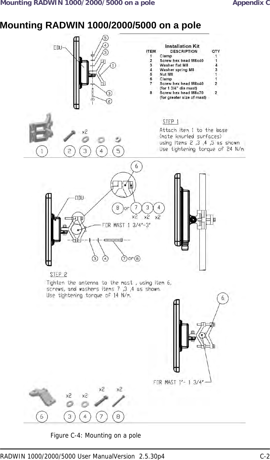 Mounting RADWIN 1000/2000/5000 on a pole Appendix CRADWIN 1000/2000/5000 User ManualVersion  2.5.30p4 C-2Mounting RADWIN 1000/2000/5000 on a poleFigure C-4: Mounting on a pole