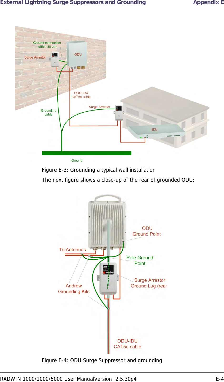 External Lightning Surge Suppressors and Grounding Appendix ERADWIN 1000/2000/5000 User ManualVersion  2.5.30p4 E-4Figure E-3: Grounding a typical wall installationThe next figure shows a close-up of the rear of grounded ODU:Figure E-4: ODU Surge Suppressor and grounding