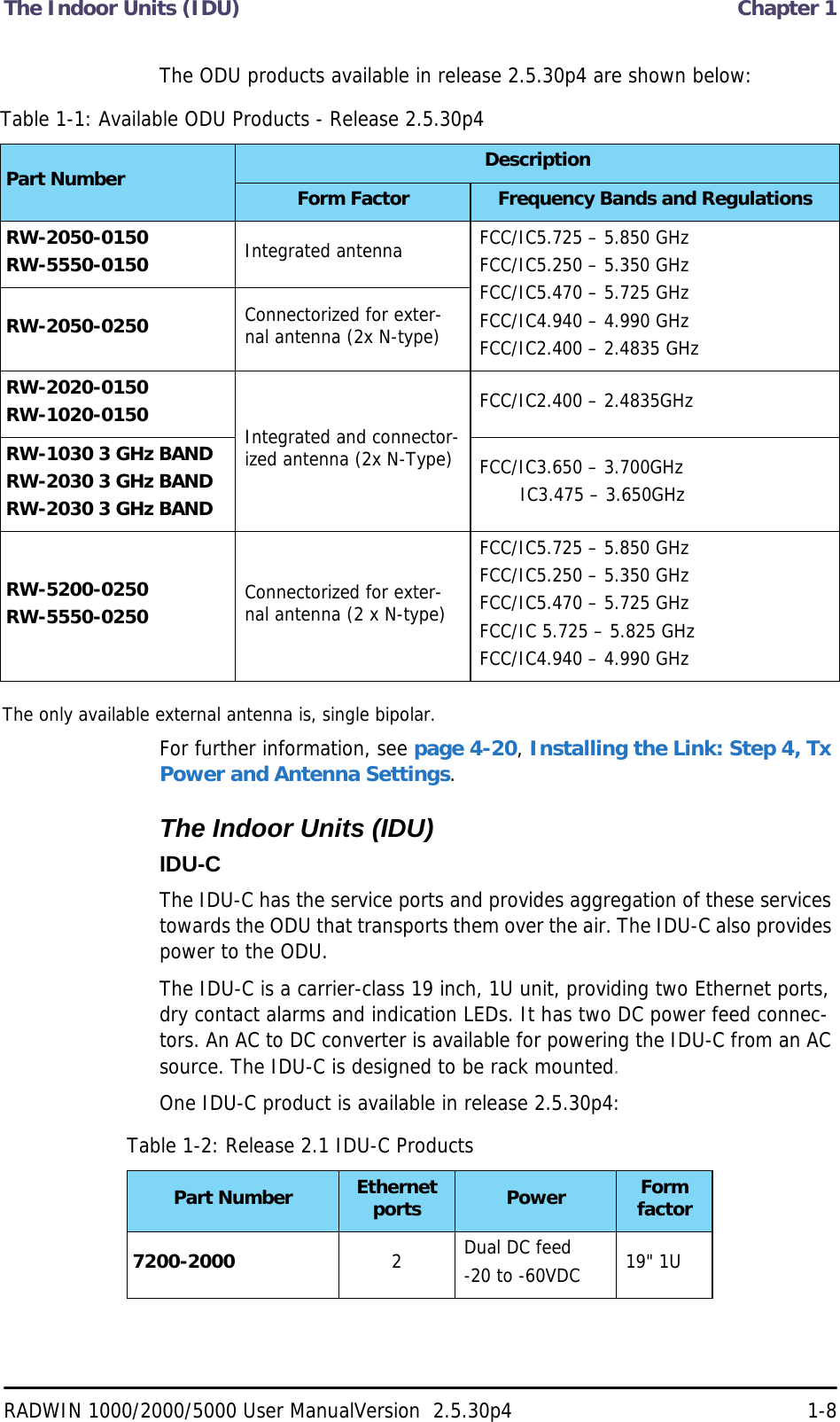 The Indoor Units (IDU)  Chapter 1RADWIN 1000/2000/5000 User ManualVersion  2.5.30p4 1-8The ODU products available in release 2.5.30p4 are shown below:The only available external antenna is, single bipolar.For further information, see page 4-20, Installing the Link: Step 4, Tx Power and Antenna Settings.The Indoor Units (IDU)IDU-CThe IDU-C has the service ports and provides aggregation of these services towards the ODU that transports them over the air. The IDU-C also provides power to the ODU.The IDU-C is a carrier-class 19 inch, 1U unit, providing two Ethernet ports, dry contact alarms and indication LEDs. It has two DC power feed connec-tors. An AC to DC converter is available for powering the IDU-C from an AC source. The IDU-C is designed to be rack mounted.One IDU-C product is available in release 2.5.30p4:Table 1-1: Available ODU Products - Release 2.5.30p4Part Number DescriptionForm Factor Frequency Bands and RegulationsRW-2050-0150RW-5550-0150 Integrated antenna  FCC/IC5.725 – 5.850 GHzFCC/IC5.250 – 5.350 GHzFCC/IC5.470 – 5.725 GHzFCC/IC4.940 – 4.990 GHzFCC/IC2.400 – 2.4835 GHzRW-2050-0250 Connectorized for exter-nal antenna (2x N-type)RW-2020-0150RW-1020-0150 Integrated and connector-ized antenna (2x N-Type)FCC/IC2.400 – 2.4835GHzRW-1030 3 GHz BANDRW-2030 3 GHz BANDRW-2030 3 GHz BANDFCC/IC3.650 – 3.700GHz       IC3.475 – 3.650GHzRW-5200-0250RW-5550-0250 Connectorized for exter-nal antenna (2 x N-type)FCC/IC5.725 – 5.850 GHzFCC/IC5.250 – 5.350 GHzFCC/IC5.470 – 5.725 GHzFCC/IC 5.725 – 5.825 GHzFCC/IC4.940 – 4.990 GHzTable 1-2: Release 2.1 IDU-C ProductsPart Number Ethernet ports Power Form factor7200-2000 2Dual DC feed-20 to -60VDC 19&quot; 1U
