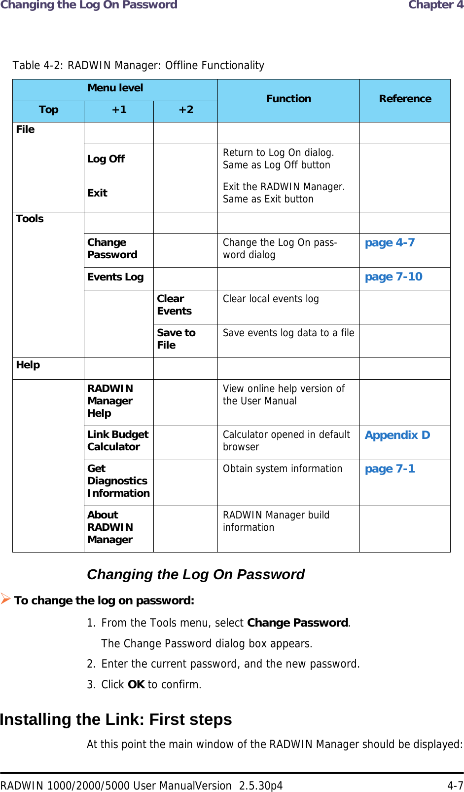 Changing the Log On Password  Chapter 4RADWIN 1000/2000/5000 User ManualVersion  2.5.30p4 4-7Changing the Log On PasswordTo change the log on password:1. From the Tools menu, select Change Password.The Change Password dialog box appears.2. Enter the current password, and the new password.3. Click OK to confirm.Installing the Link: First stepsAt this point the main window of the RADWIN Manager should be displayed:Table 4-2: RADWIN Manager: Offline FunctionalityMenu level Function ReferenceTop +1 +2FileLog Off Return to Log On dialog. Same as Log Off buttonExit Exit the RADWIN Manager. Same as Exit buttonToolsChange Password Change the Log On pass-word dialog page 4-7Events Log page 7-10Clear Events Clear local events logSave to File Save events log data to a fileHelpRADWIN Manager HelpView online help version of the User ManualLink Budget Calculator Calculator opened in default browser Appendix DGet Diagnostics InformationObtain system information page 7-1About RADWIN ManagerRADWIN Manager build information