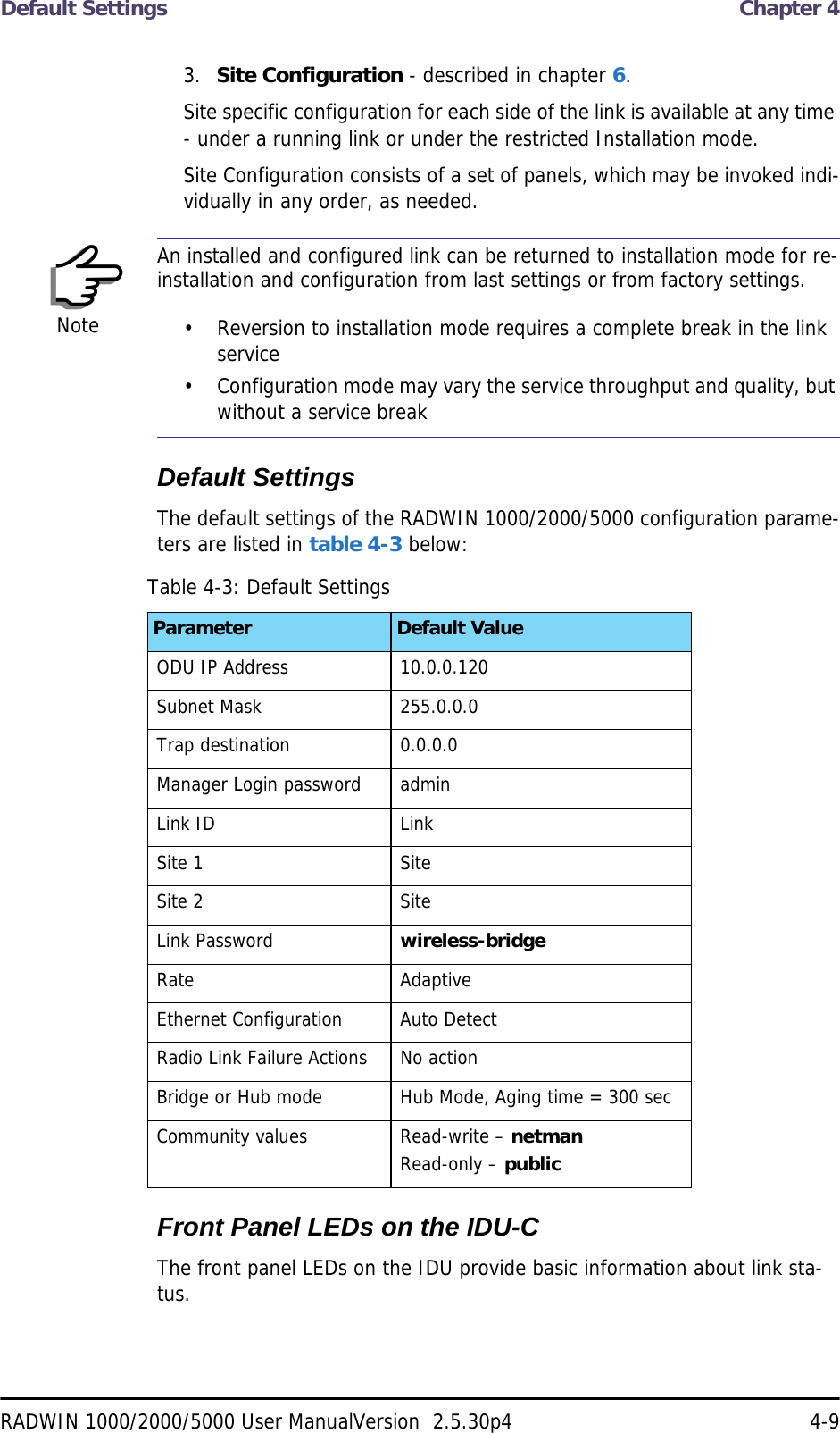 Default Settings  Chapter 4RADWIN 1000/2000/5000 User ManualVersion  2.5.30p4 4-93.  Site Configuration - described in chapter 6.Site specific configuration for each side of the link is available at any time - under a running link or under the restricted Installation mode.Site Configuration consists of a set of panels, which may be invoked indi-vidually in any order, as needed.Default SettingsThe default settings of the RADWIN 1000/2000/5000 configuration parame-ters are listed in table 4-3 below:Front Panel LEDs on the IDU-CThe front panel LEDs on the IDU provide basic information about link sta-tus. NoteAn installed and configured link can be returned to installation mode for re-installation and configuration from last settings or from factory settings.• Reversion to installation mode requires a complete break in the link service• Configuration mode may vary the service throughput and quality, but without a service breakTable 4-3: Default SettingsParameter Default ValueODU IP Address 10.0.0.120Subnet Mask 255.0.0.0Trap destination 0.0.0.0Manager Login password adminLink ID Link Site 1 SiteSite 2 SiteLink Password wireless-bridgeRate AdaptiveEthernet Configuration Auto DetectRadio Link Failure Actions No actionBridge or Hub mode Hub Mode, Aging time = 300 secCommunity values Read-write – netmanRead-only – public