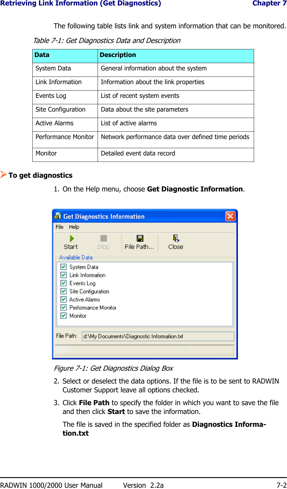 Retrieving Link Information (Get Diagnostics)  Chapter 7RADWIN 1000/2000 User Manual Version  2.2a 7-2The following table lists link and system information that can be monitored.¾To get diagnostics1. On the Help menu, choose Get Diagnostic Information.Figure 7-1: Get Diagnostics Dialog Box2. Select or deselect the data options. If the file is to be sent to RADWIN Customer Support leave all options checked.3. Click File Path to specify the folder in which you want to save the file and then click Start to save the information.The file is saved in the specified folder as Diagnostics Informa-tion.txtTable 7-1: Get Diagnostics Data and DescriptionData DescriptionSystem Data General information about the systemLink Information Information about the link propertiesEvents Log List of recent system eventsSite Configuration Data about the site parametersActive Alarms List of active alarmsPerformance Monitor Network performance data over defined time periodsMonitor Detailed event data record