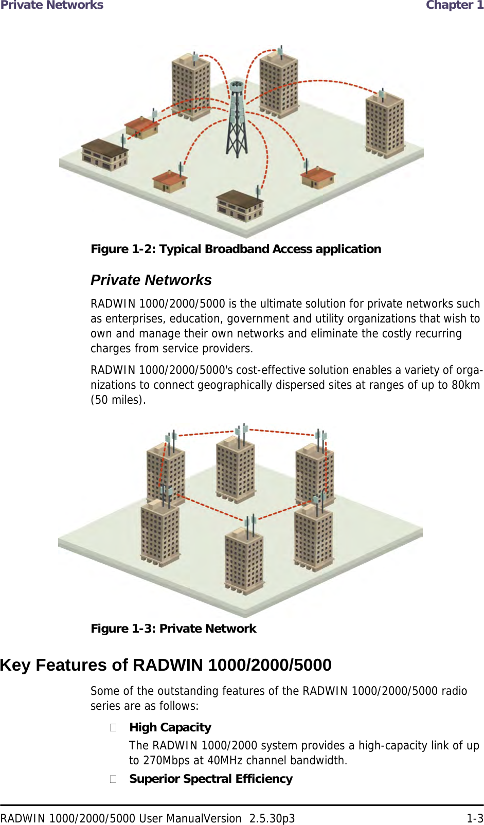 Private Networks  Chapter 1RADWIN 1000/2000/5000 User ManualVersion  2.5.30p3 1-3Figure 1-2: Typical Broadband Access applicationPrivate NetworksRADWIN 1000/2000/5000 is the ultimate solution for private networks such as enterprises, education, government and utility organizations that wish to own and manage their own networks and eliminate the costly recurring charges from service providers.RADWIN 1000/2000/5000&apos;s cost-effective solution enables a variety of orga-nizations to connect geographically dispersed sites at ranges of up to 80km (50 miles).Figure 1-3: Private NetworkKey Features of RADWIN 1000/2000/5000Some of the outstanding features of the RADWIN 1000/2000/5000 radio series are as follows:High CapacityThe RADWIN 1000/2000 system provides a high-capacity link of up to 270Mbps at 40MHz channel bandwidth.Superior Spectral Efficiency