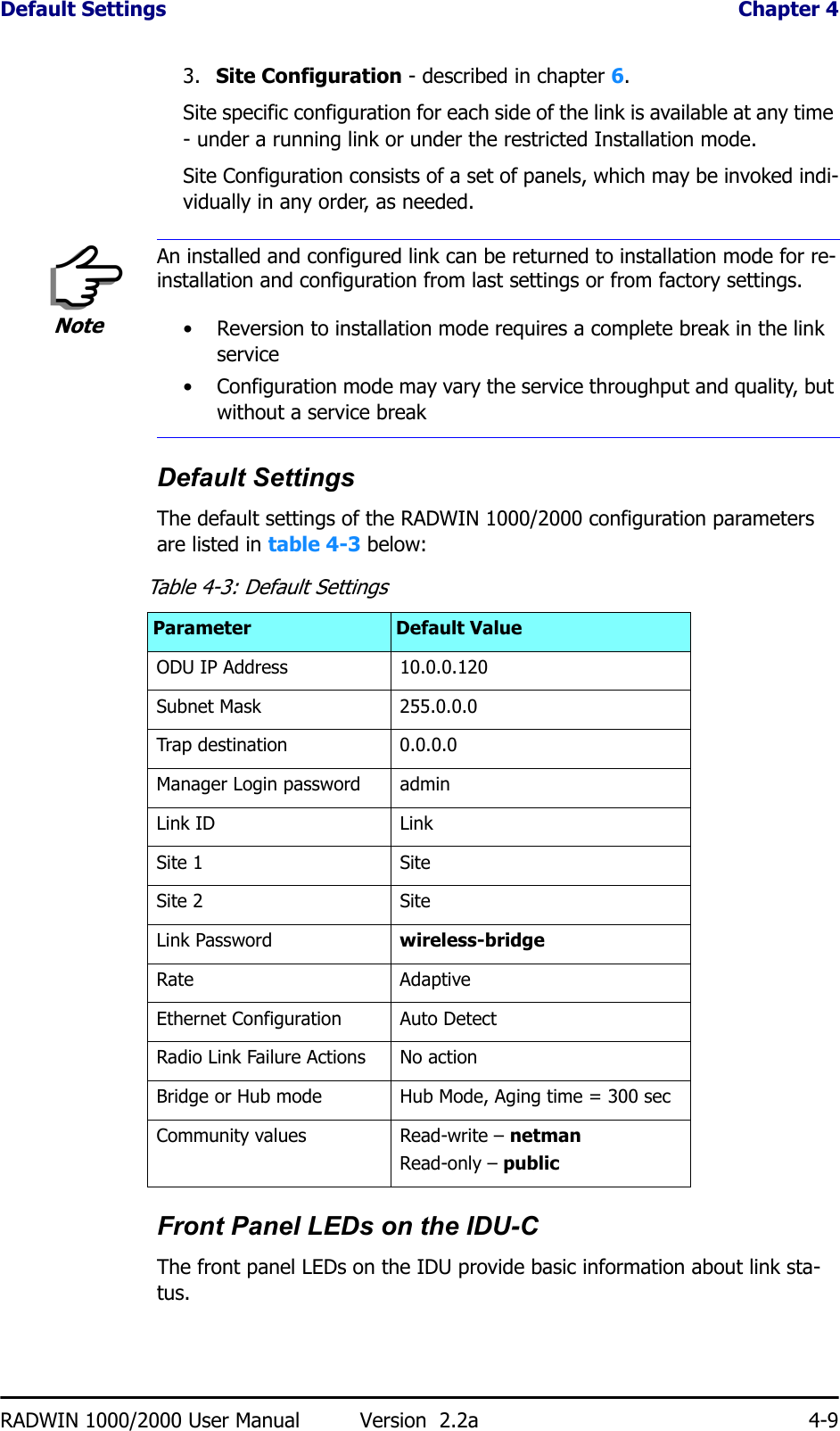 Default Settings  Chapter 4RADWIN 1000/2000 User Manual Version  2.2a 4-93.  Site Configuration - described in chapter 6.Site specific configuration for each side of the link is available at any time - under a running link or under the restricted Installation mode.Site Configuration consists of a set of panels, which may be invoked indi-vidually in any order, as needed.Default SettingsThe default settings of the RADWIN 1000/2000 configuration parameters are listed in table 4-3 below:Front Panel LEDs on the IDU-CThe front panel LEDs on the IDU provide basic information about link sta-tus. NoteAn installed and configured link can be returned to installation mode for re-installation and configuration from last settings or from factory settings.• Reversion to installation mode requires a complete break in the link service• Configuration mode may vary the service throughput and quality, but without a service breakTable 4-3: Default SettingsParameter Default ValueODU IP Address 10.0.0.120Subnet Mask 255.0.0.0Trap destination 0.0.0.0Manager Login password adminLink ID Link Site 1 SiteSite 2 SiteLink Password wireless-bridgeRate AdaptiveEthernet Configuration Auto DetectRadio Link Failure Actions No actionBridge or Hub mode Hub Mode, Aging time = 300 secCommunity values Read-write – netmanRead-only – public